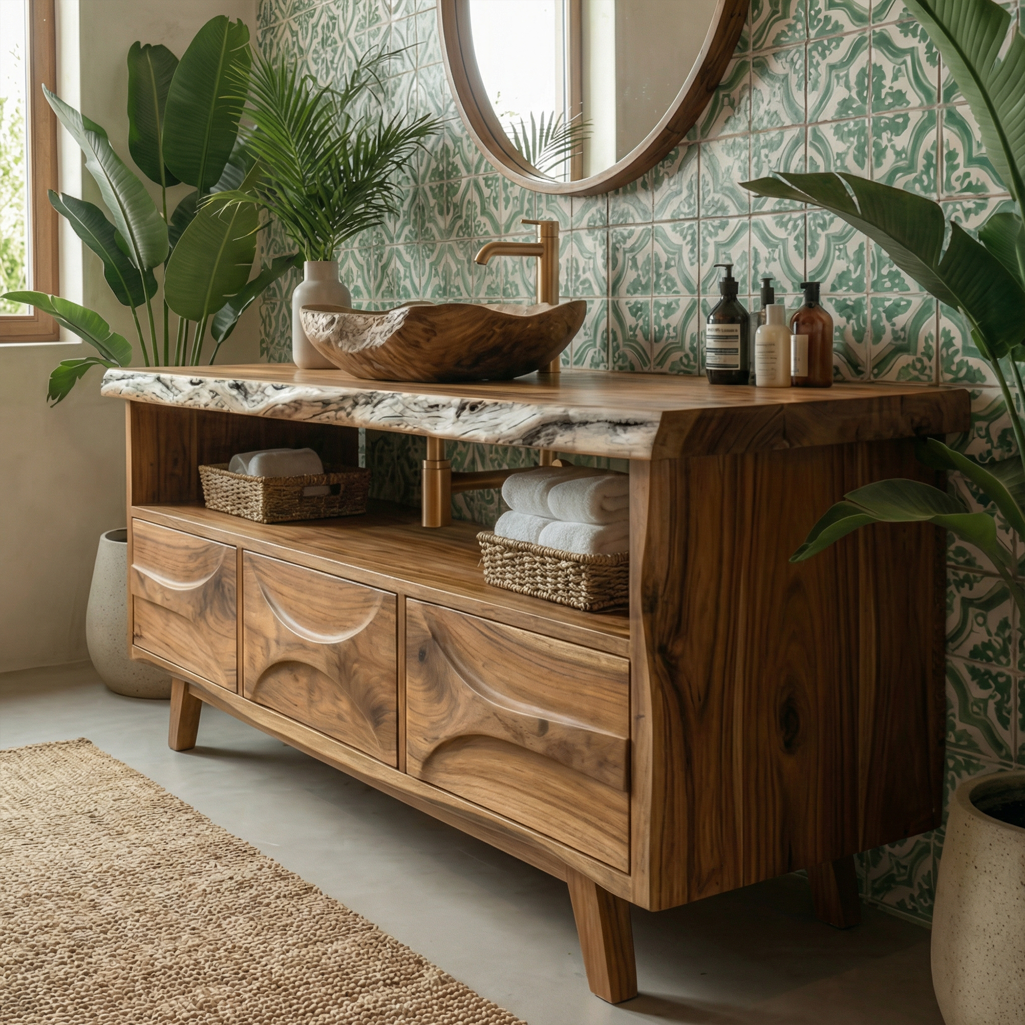 Mid Century Solid Wood Bathroom Vanity Freestanding Storage Cabinet SINLKIBRV274