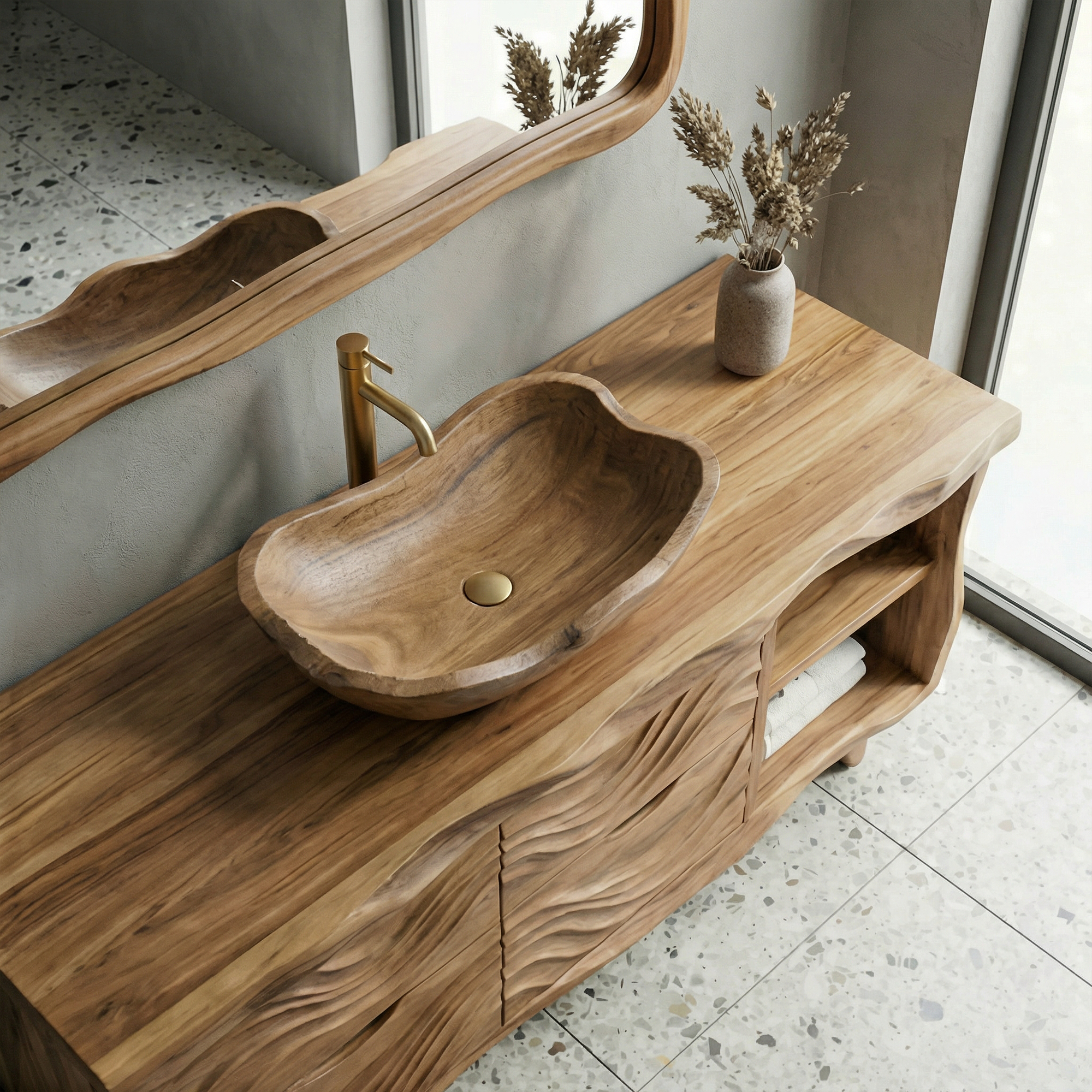 Organic Rustic Solid Wood Bathroom Vanity Wave Carved Storage Cabinet SINLKIBRV277