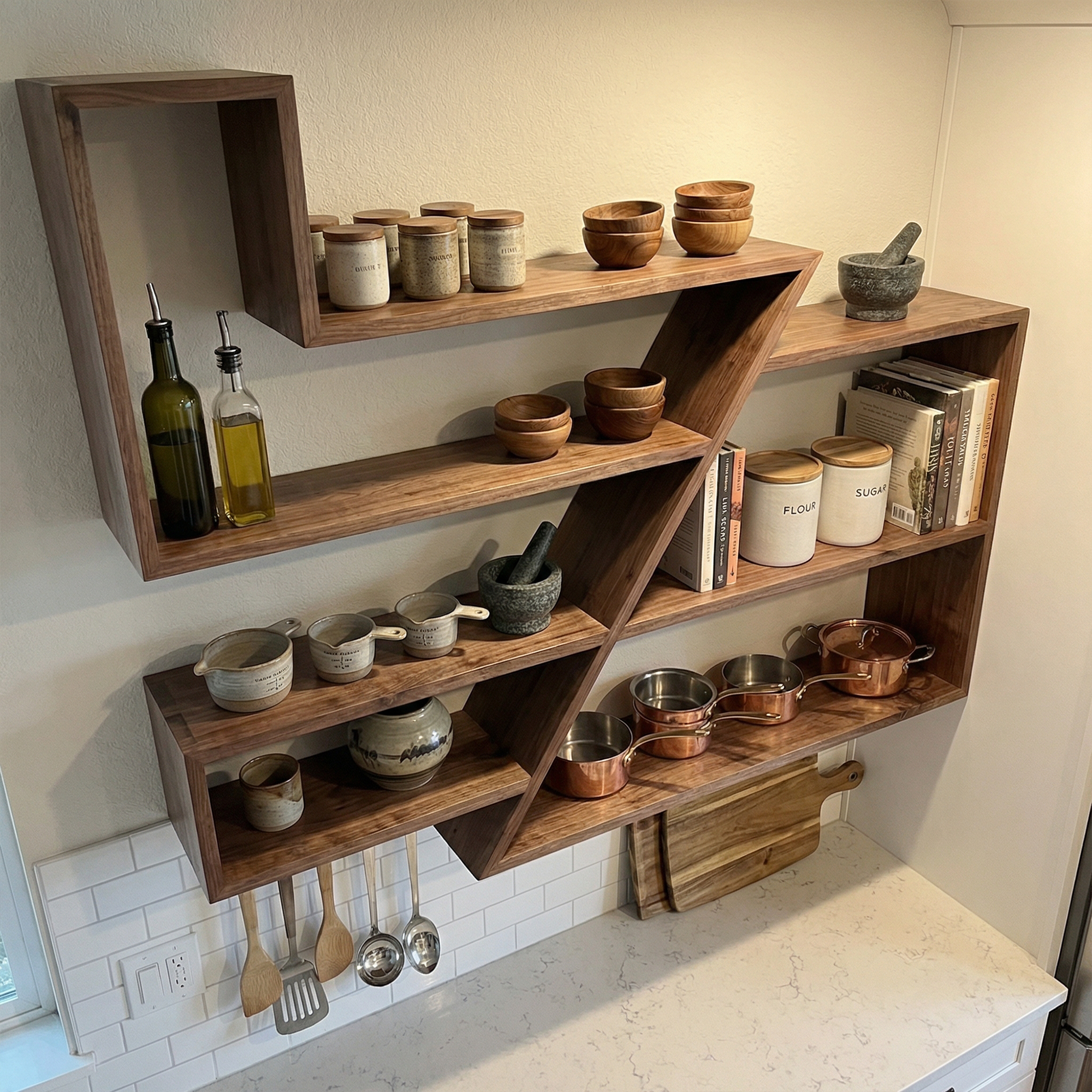Modern Zigzag Floating Wall Shelf Solid Wood Artistic Storage SINLKIFL490