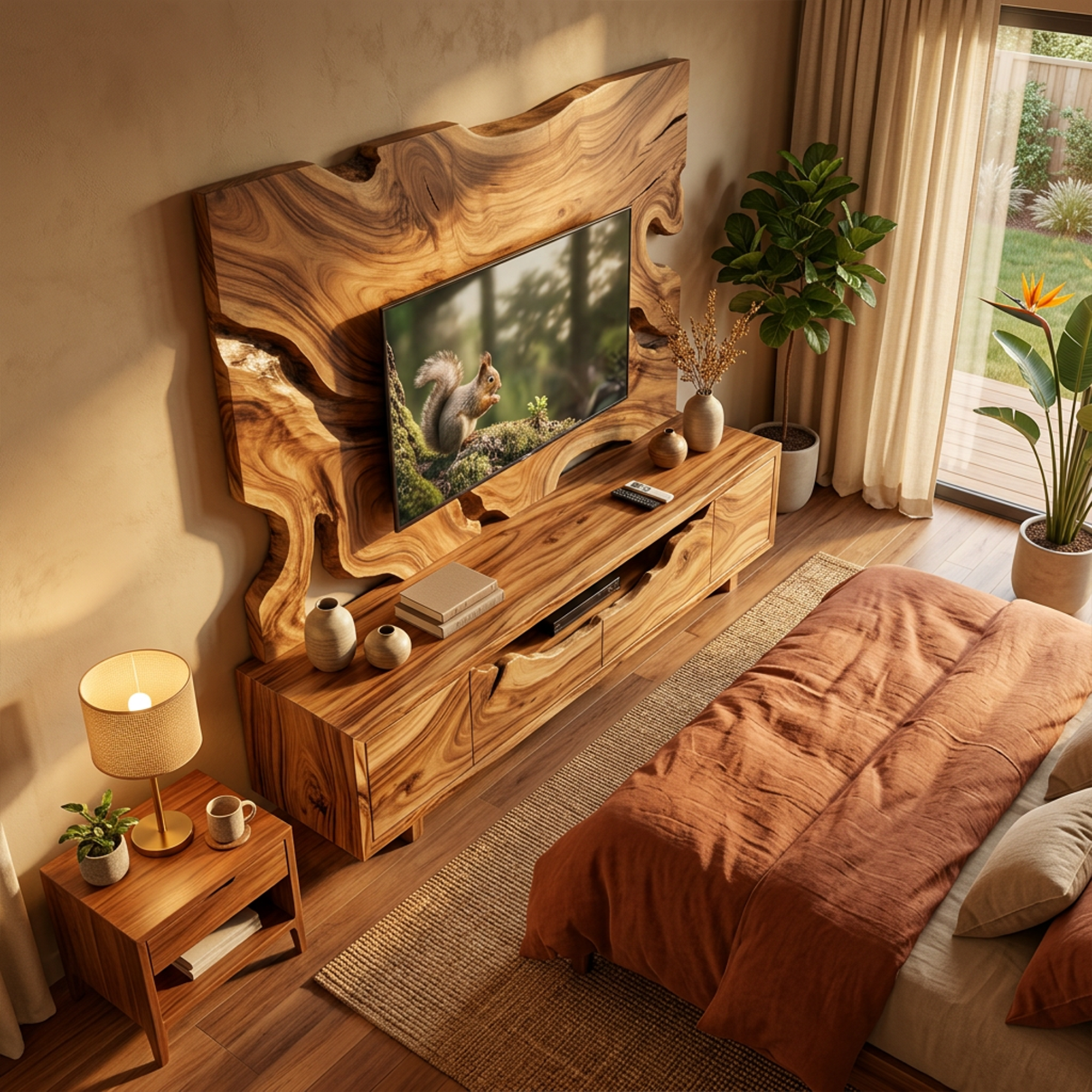 Organic Wood TV Cabinet With Decorative Wall Panel Living Room SINLKISC497