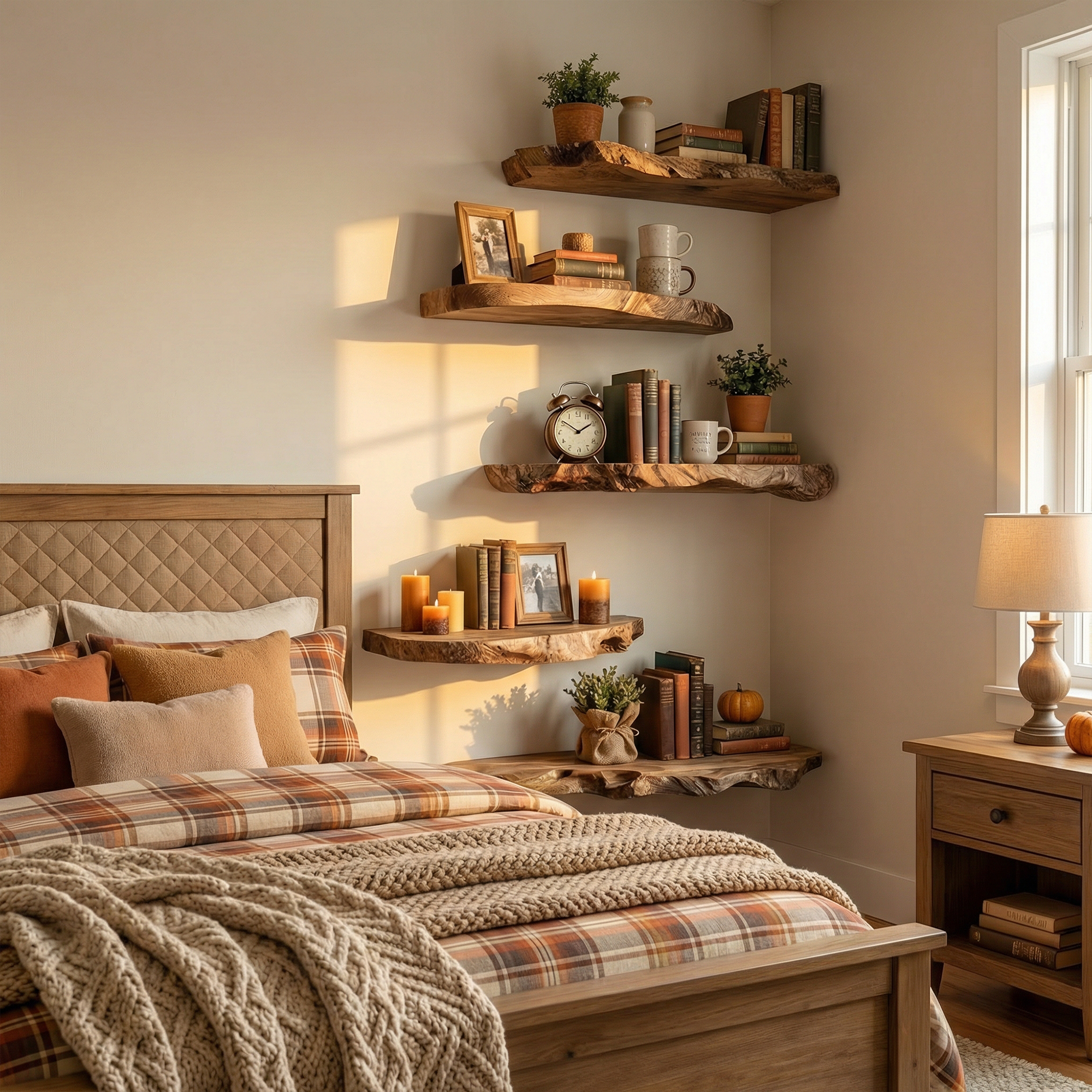 Modern Farmhouse Autumn Decor Floating Wall Shelves Solid Wood Display SINLKIFL496