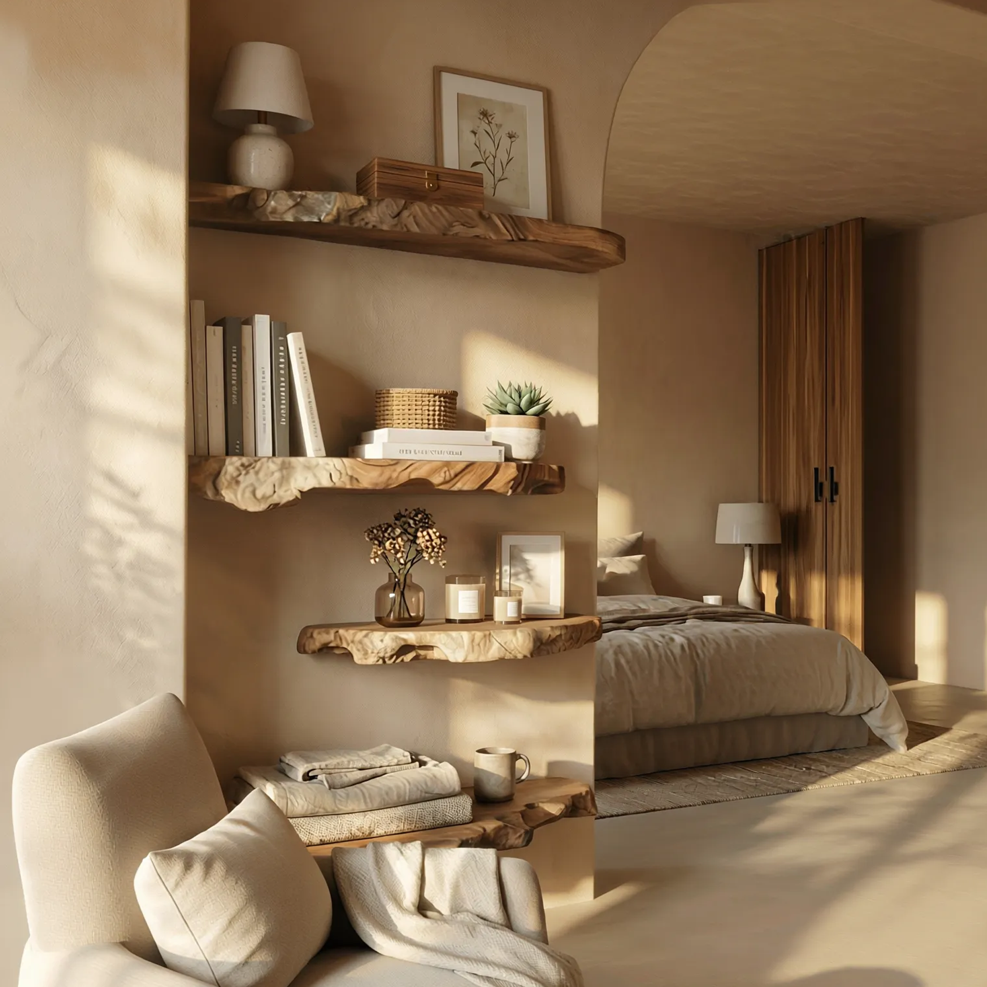 Modern Organic Live Edge Floating Wall Shelves Natural Wood Accent Display SINLKIFL497