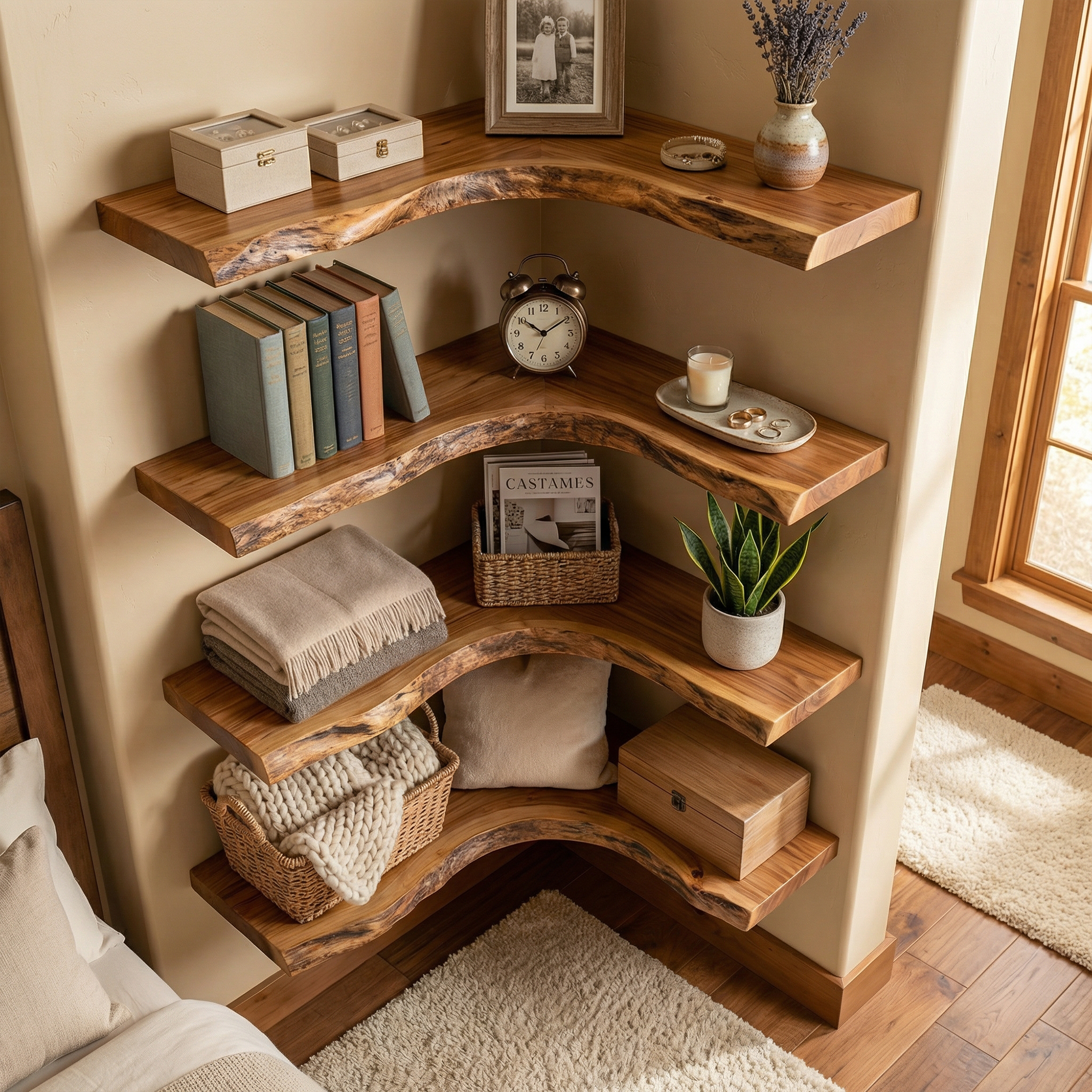 Modern Traditional Corner Floating Shelves Solid Wood Living Room Accent SINLKIFL503