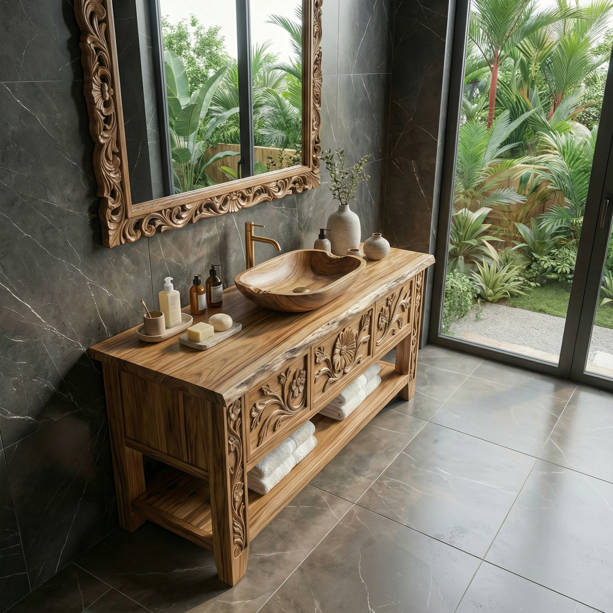 Rustic Hand Carved Solid Wood Bathroom Vanity Decorative Panel Cabinet SINLKIBRV275