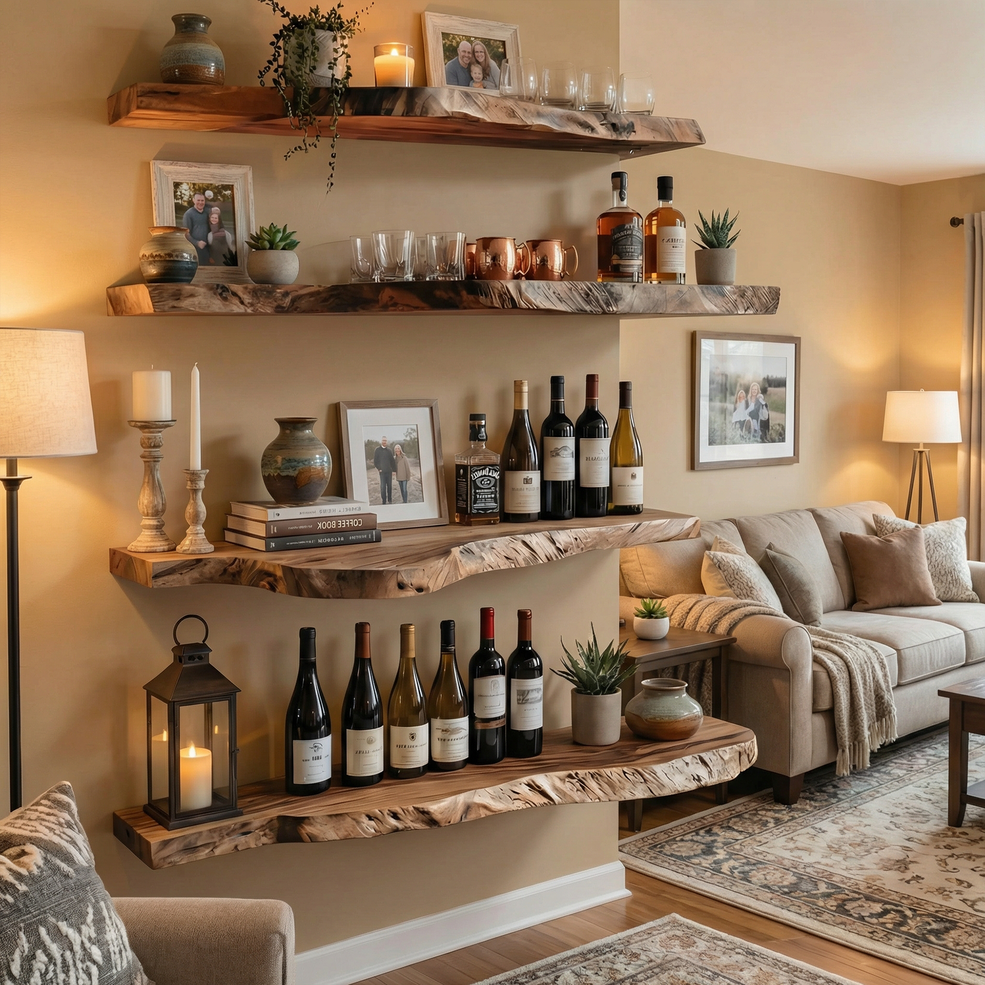 Industrial Rustic Floating Wine Display Shelves Solid Wood Wall Rack SINLKIFL505