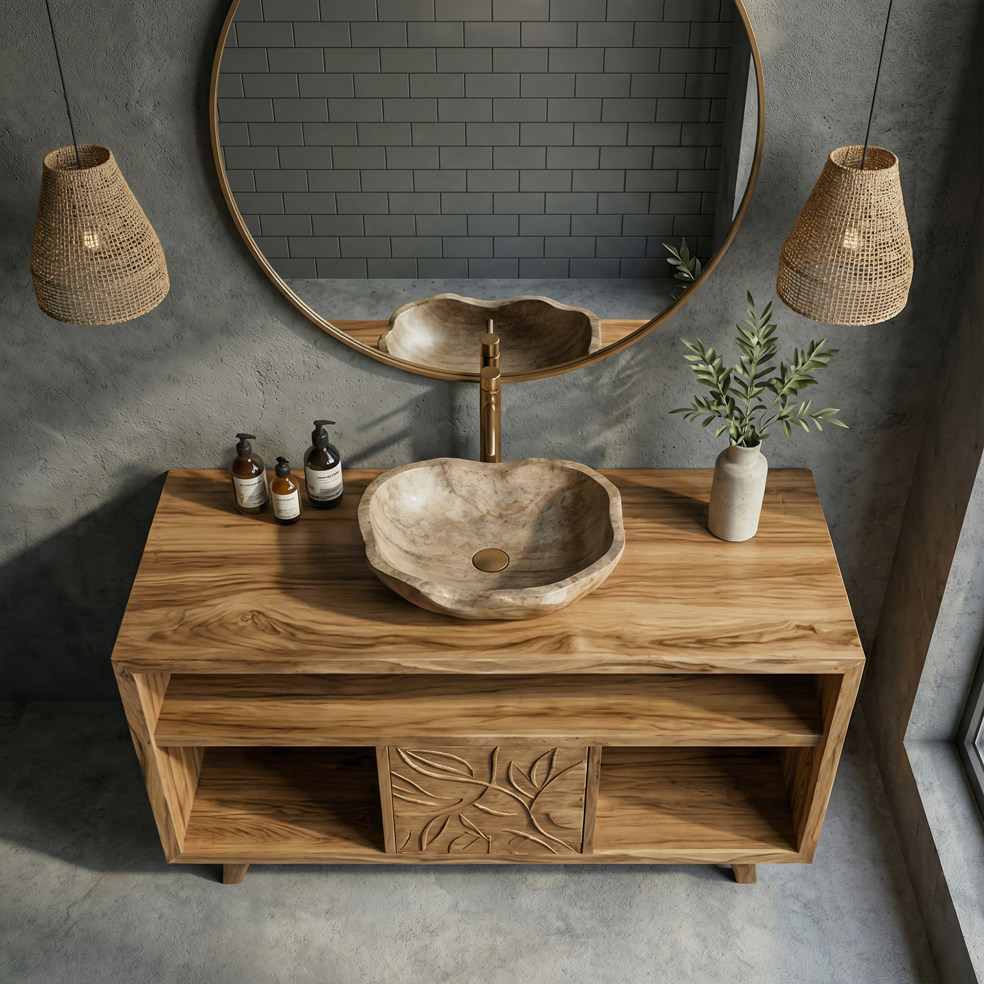 Contemporary Solid Wood Bathroom Vanity Open Niche Carved Door Cabine SINLKIBRV278