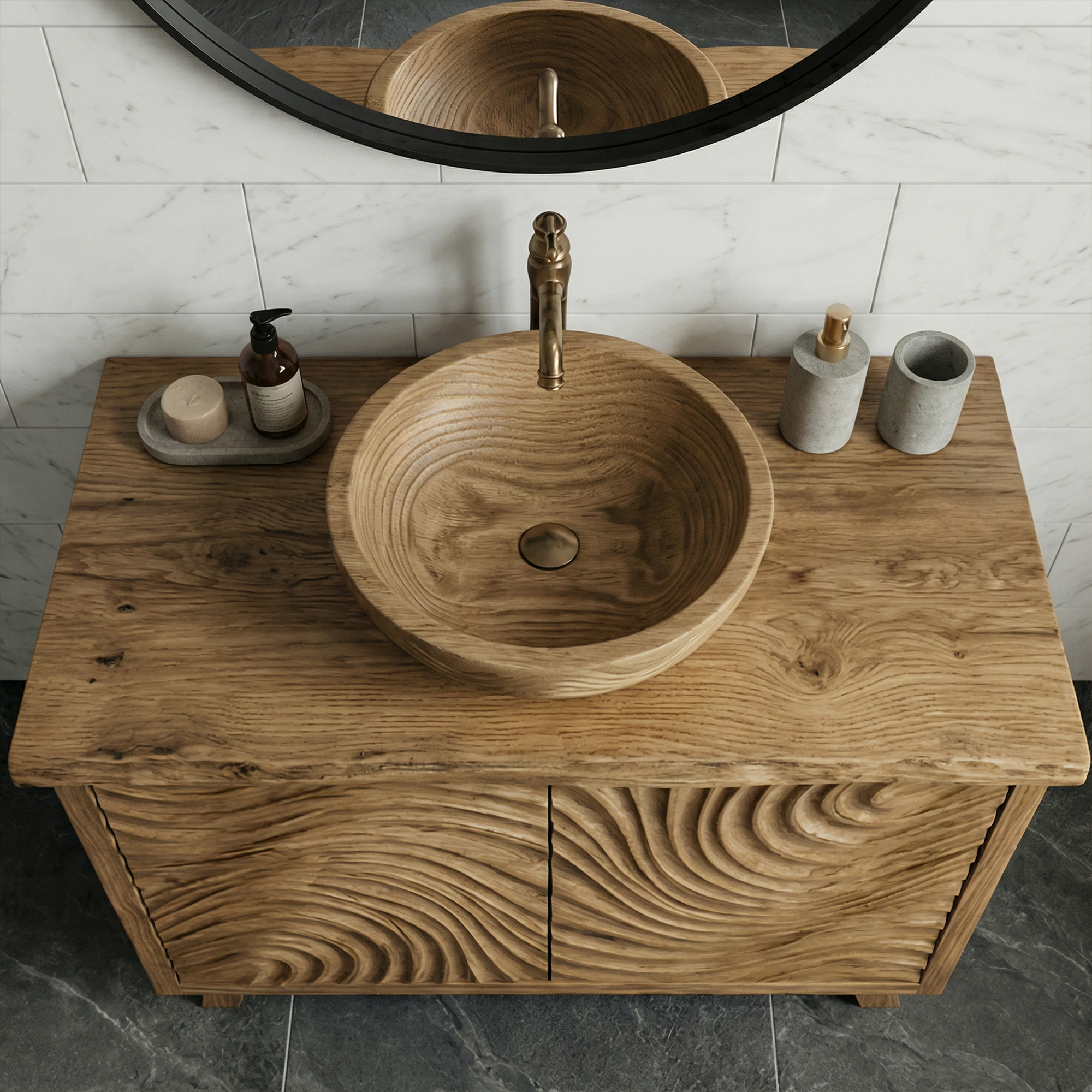 Modern Wave Carved Solid Wood Bathroom Vanity Freestanding Cabinet SINLKIBRV282