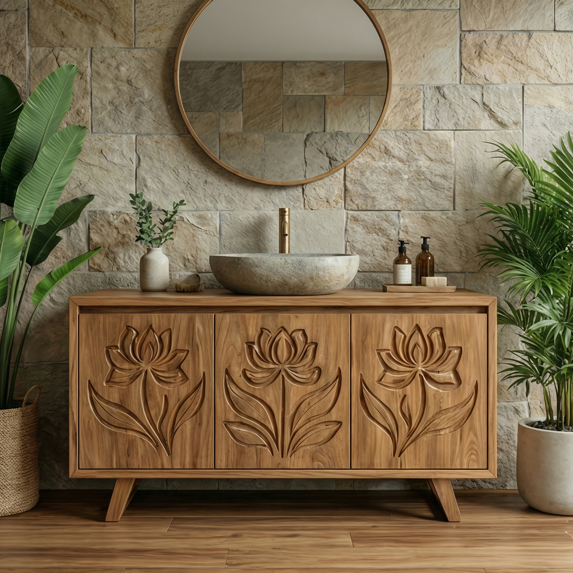 Tropical Floral Carved Solid Wood Bathroom Vanity Freestanding Cabinet SINLKIBRV283
