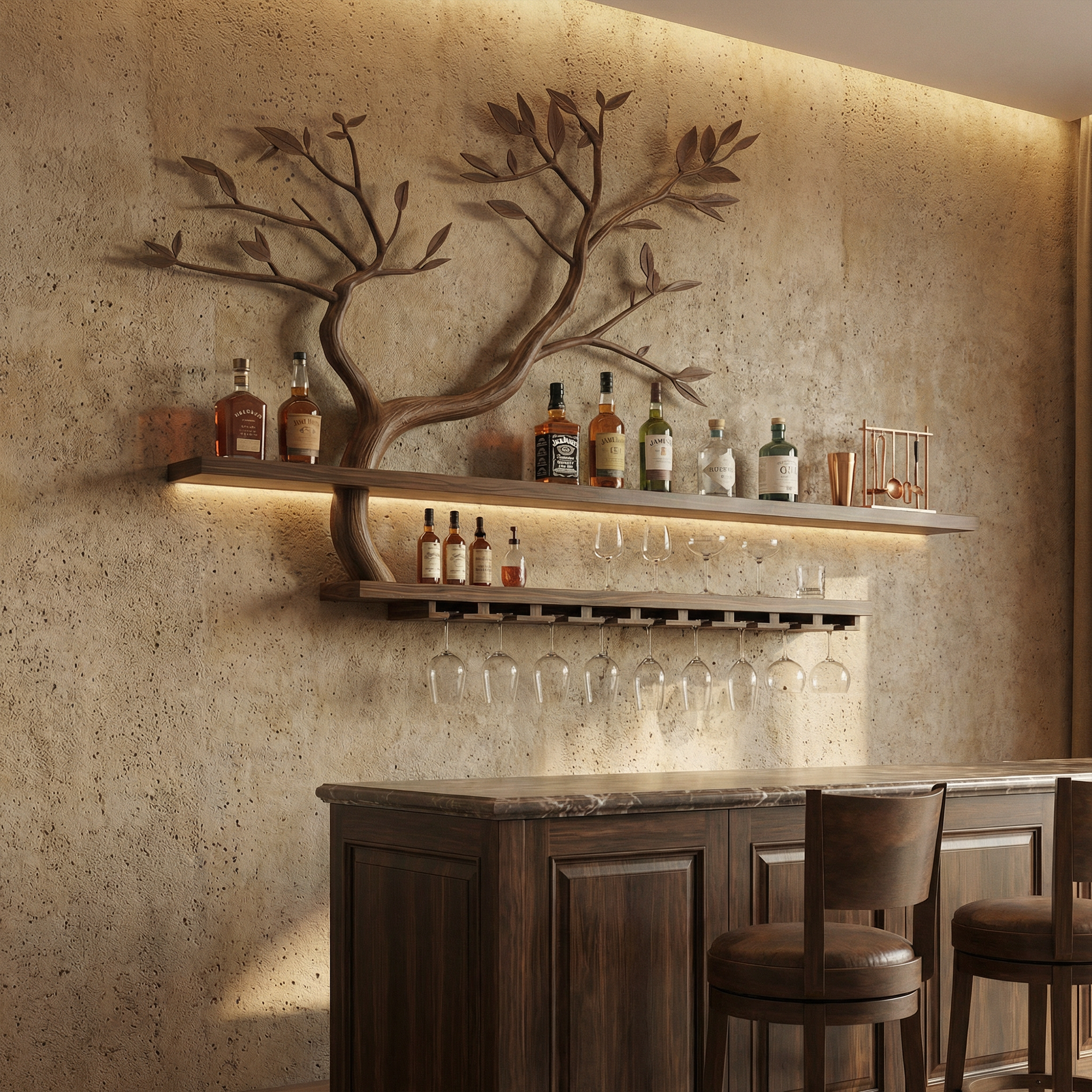 Nature Inspired Tree Branch Wine Rack Wooden Wall Bar Shelf Bottle Display SINLKIWR012
