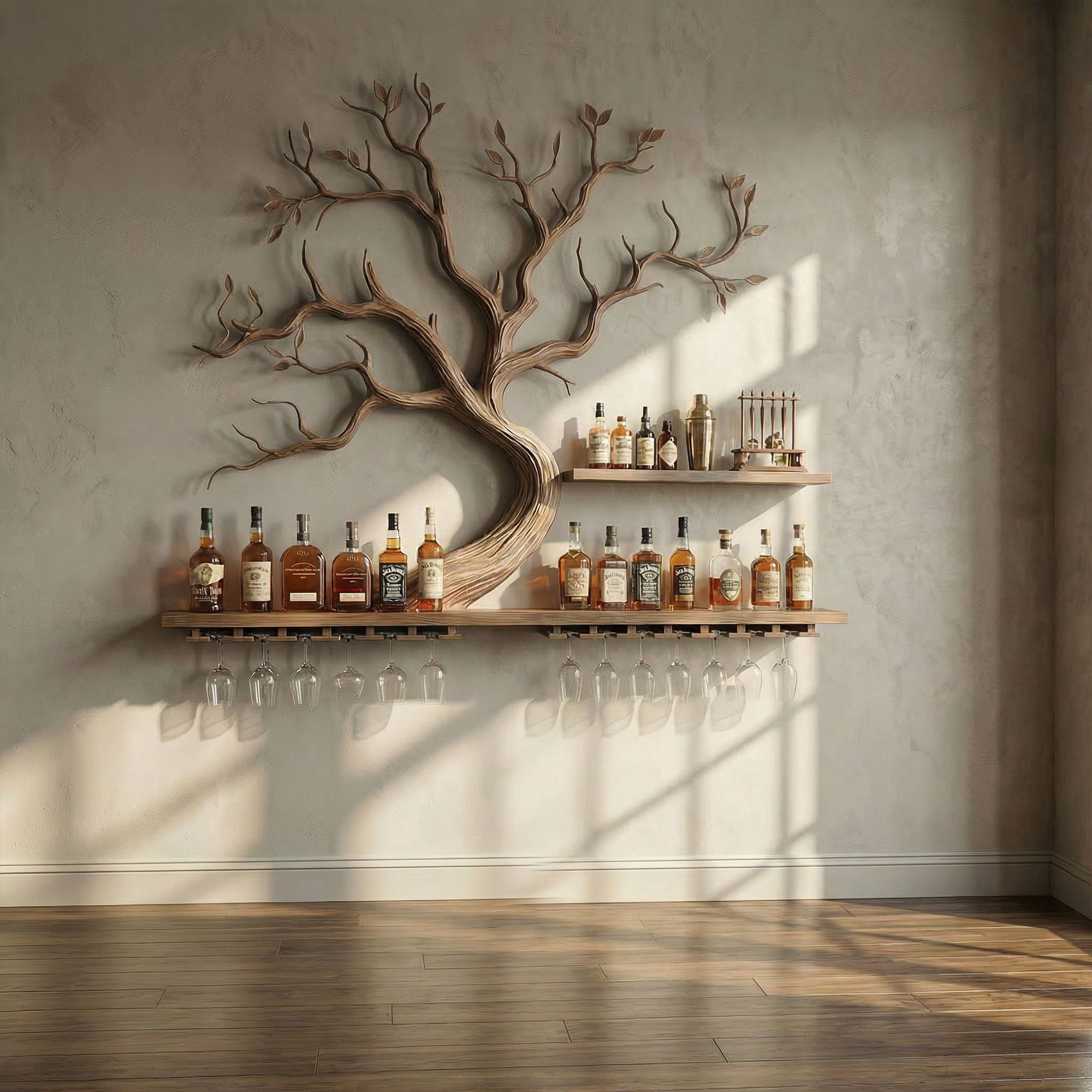 Artistic Tree Branch Wine Rack Wooden Wall Shelf For Kitchen Dining Room Bar SINLKIWR014