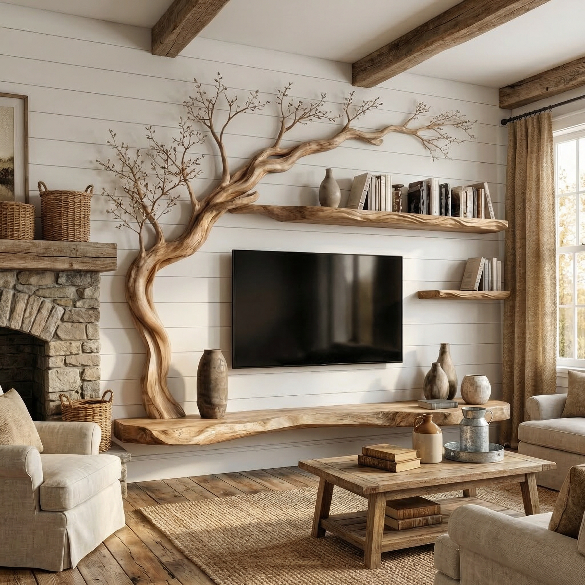 Rustic Tree TV Wall Shelf For Living Room And Lounge SINLKITS001