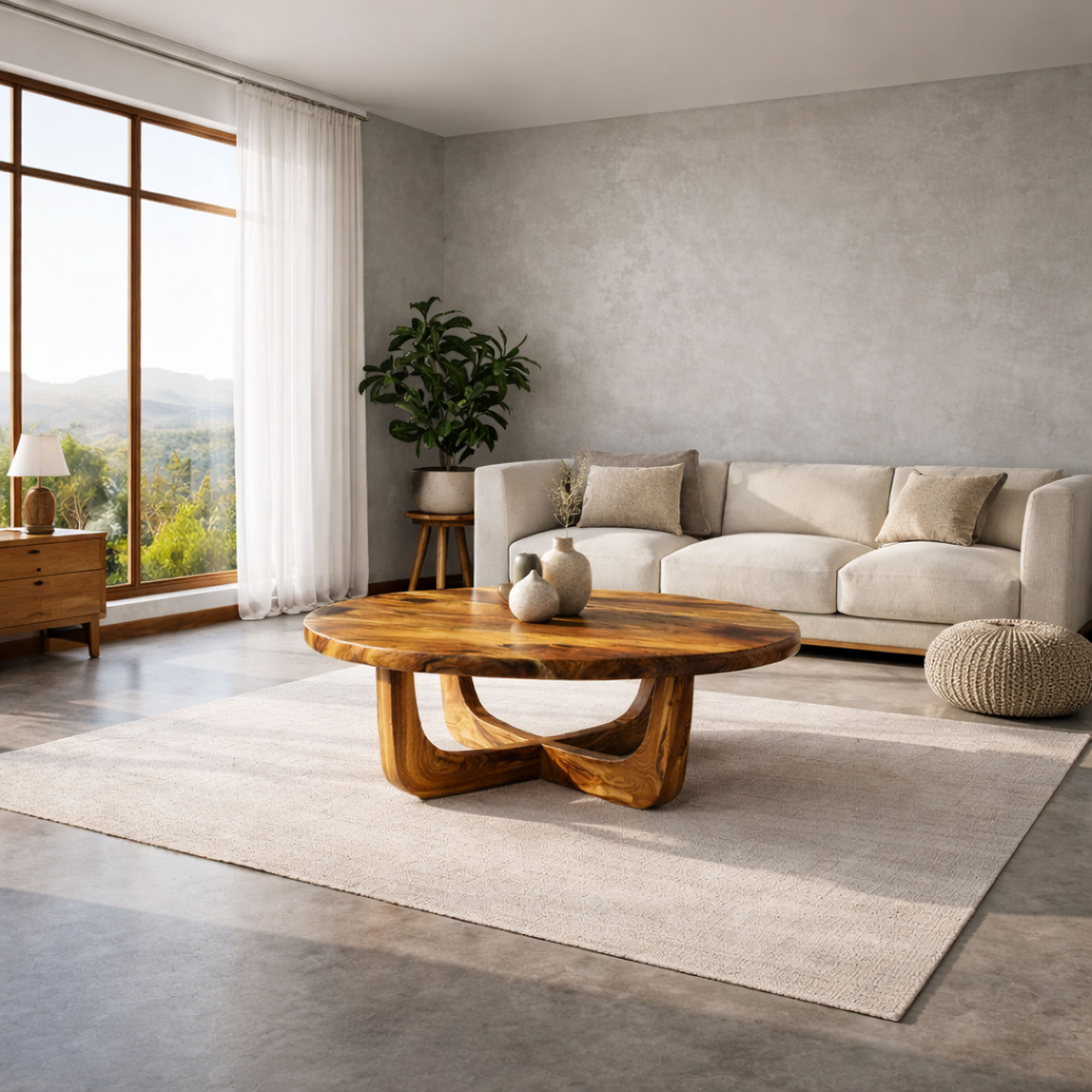 Sculpted Ring Base Solid Wood Coffee Table Warm Contemporary Living Room Interior SINLKICF321