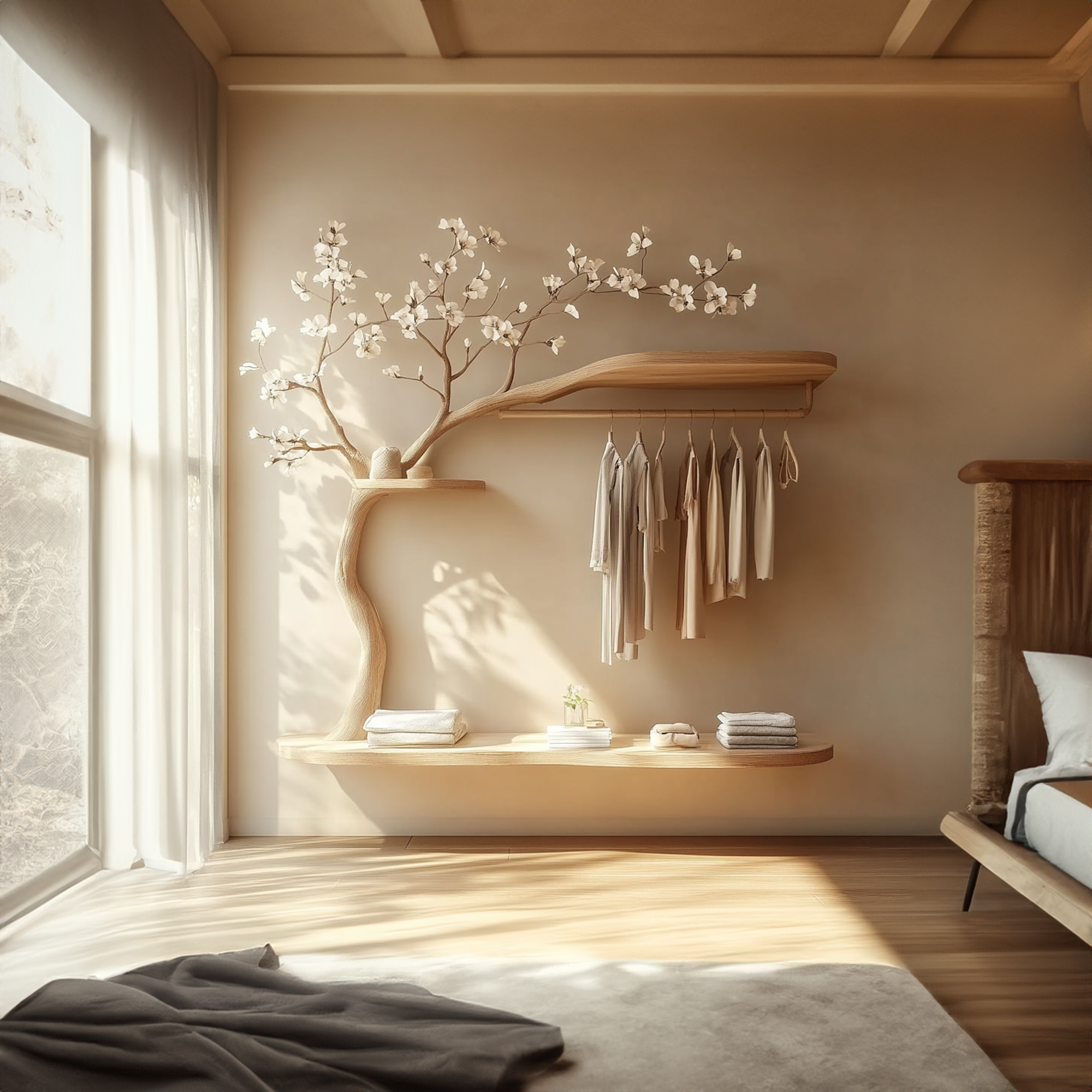 Scandinavian Tree Wardrobe Handcrafted Solid Wood Natural Bedroom Decor SINLKITCR066