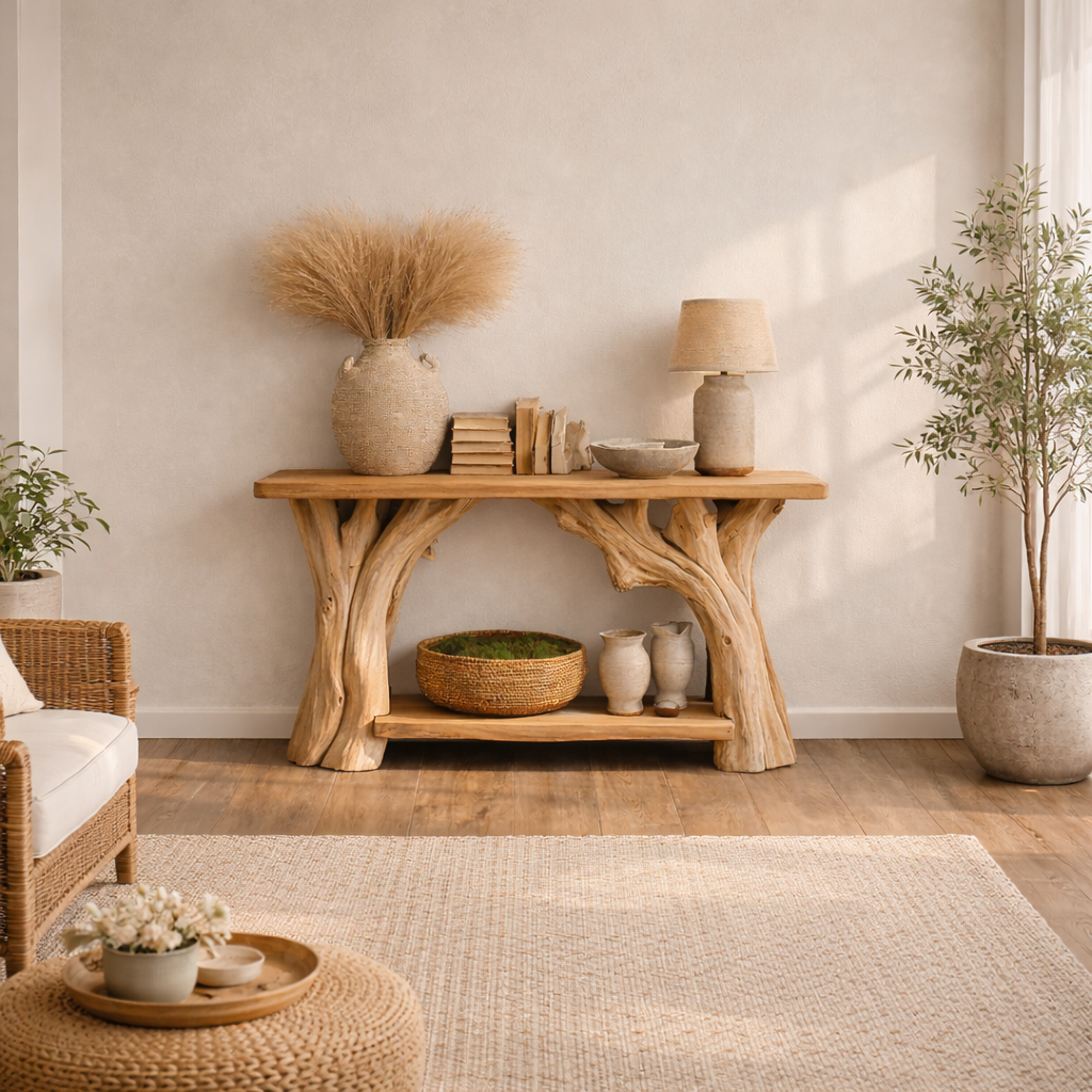 Organic Rustic Console Table Sculptural Tree Legs And Bottom Shelf For Hallway SINLKICS481
