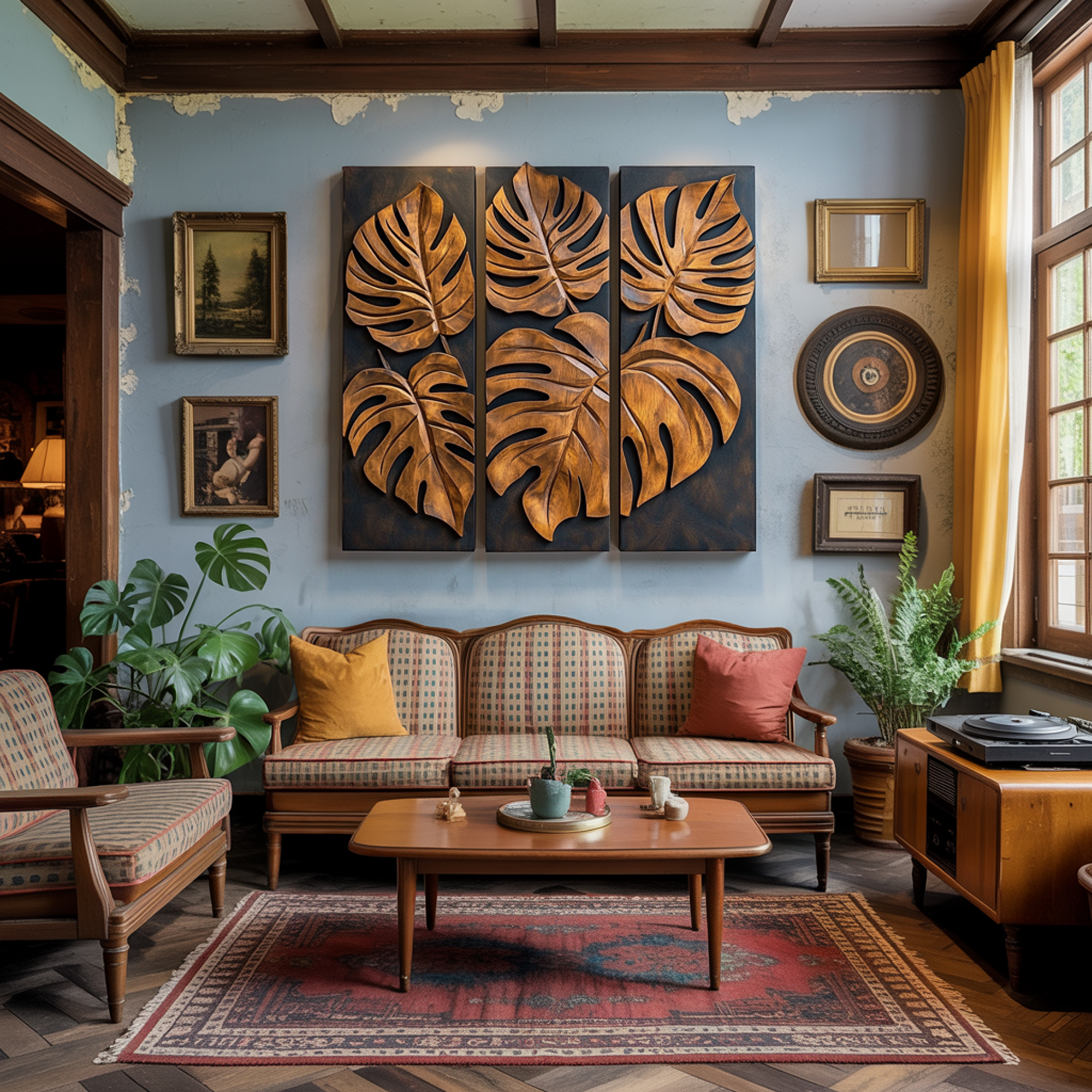 Carved Monstera Leaf Solid Wood Wall Art Triptych Statement Decor SINLKIWD023