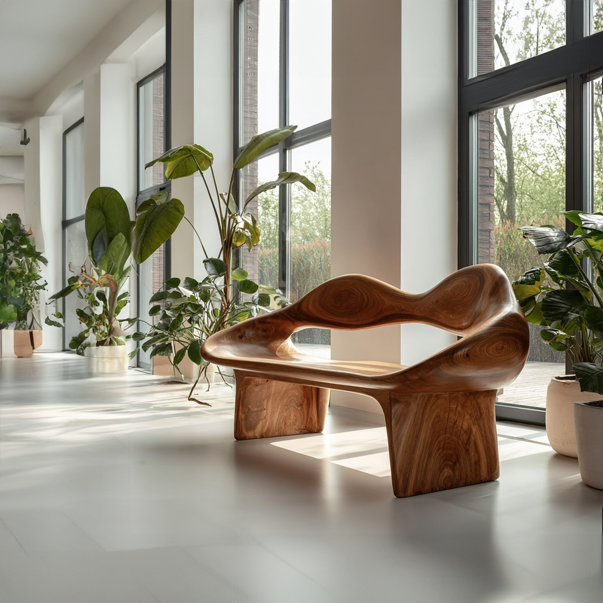 Mid Century Curved Bench Natural Finish Living Room SINLKIRS036