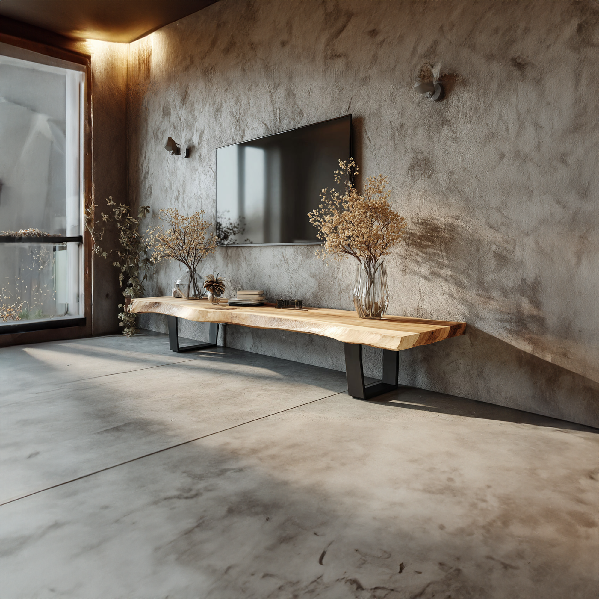 Mid Century TV Console Solid Slab Wood Media Room SINLKICS305