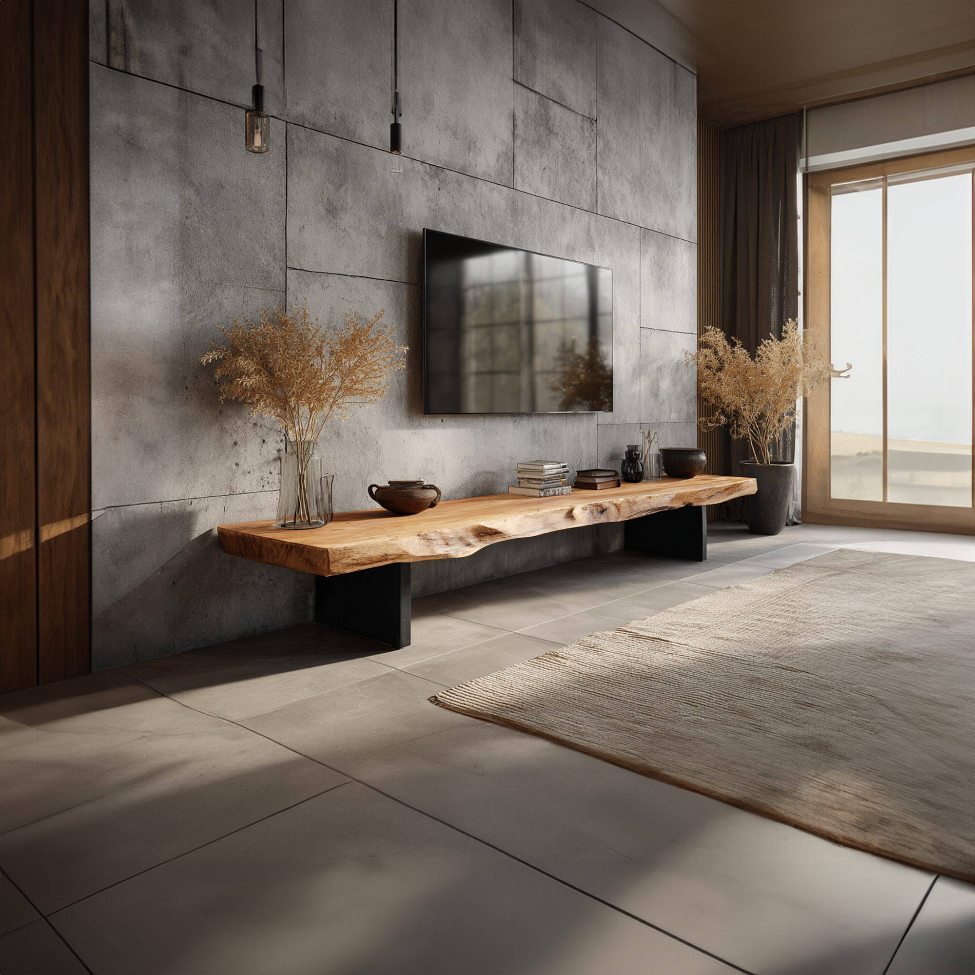 Mid-Century Modern TV Stand Live Edge Wood Living Room SINLKICS307