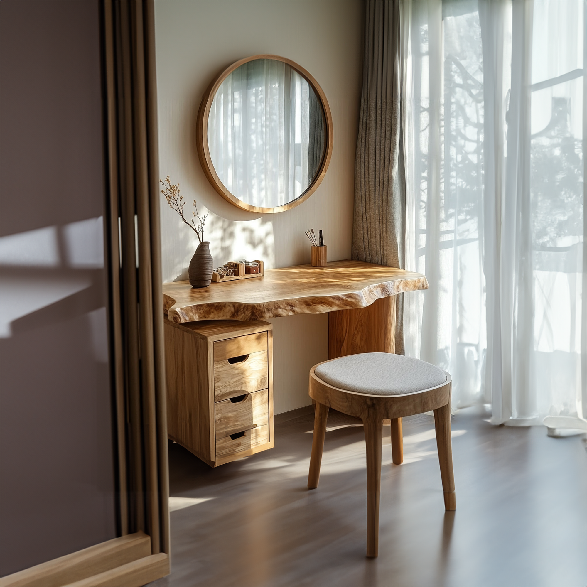 Japandi Solid Wood Floating Dressing Table Live Edge Bedroom Vanity SINLKIFL243