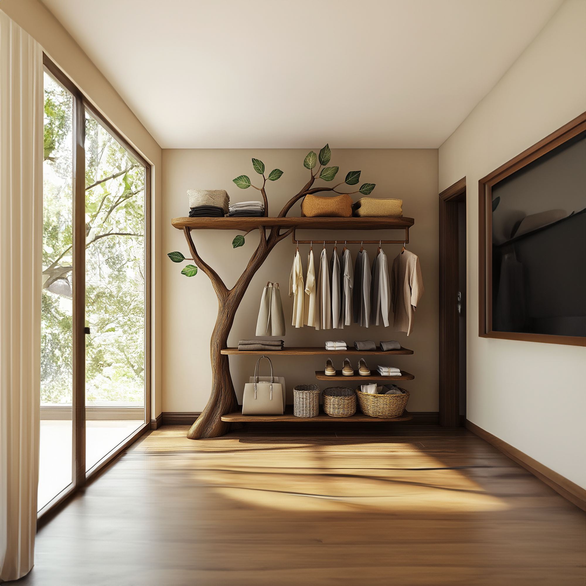 Rustic Solid Wood Tree Clothing Rack Artistic Bedroom SINLKITCR047