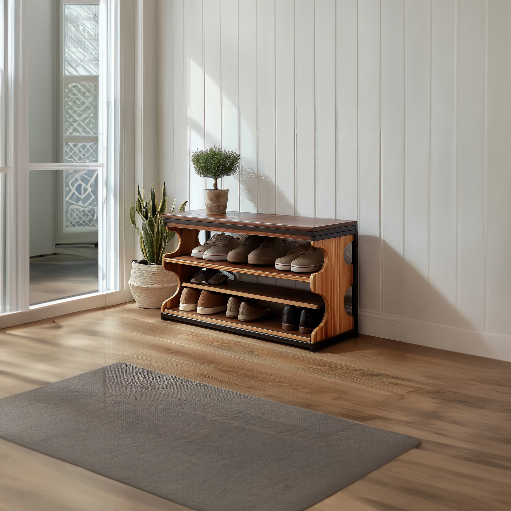 Midcentury Shoe Organizer Bench Entryway SINLKISB043