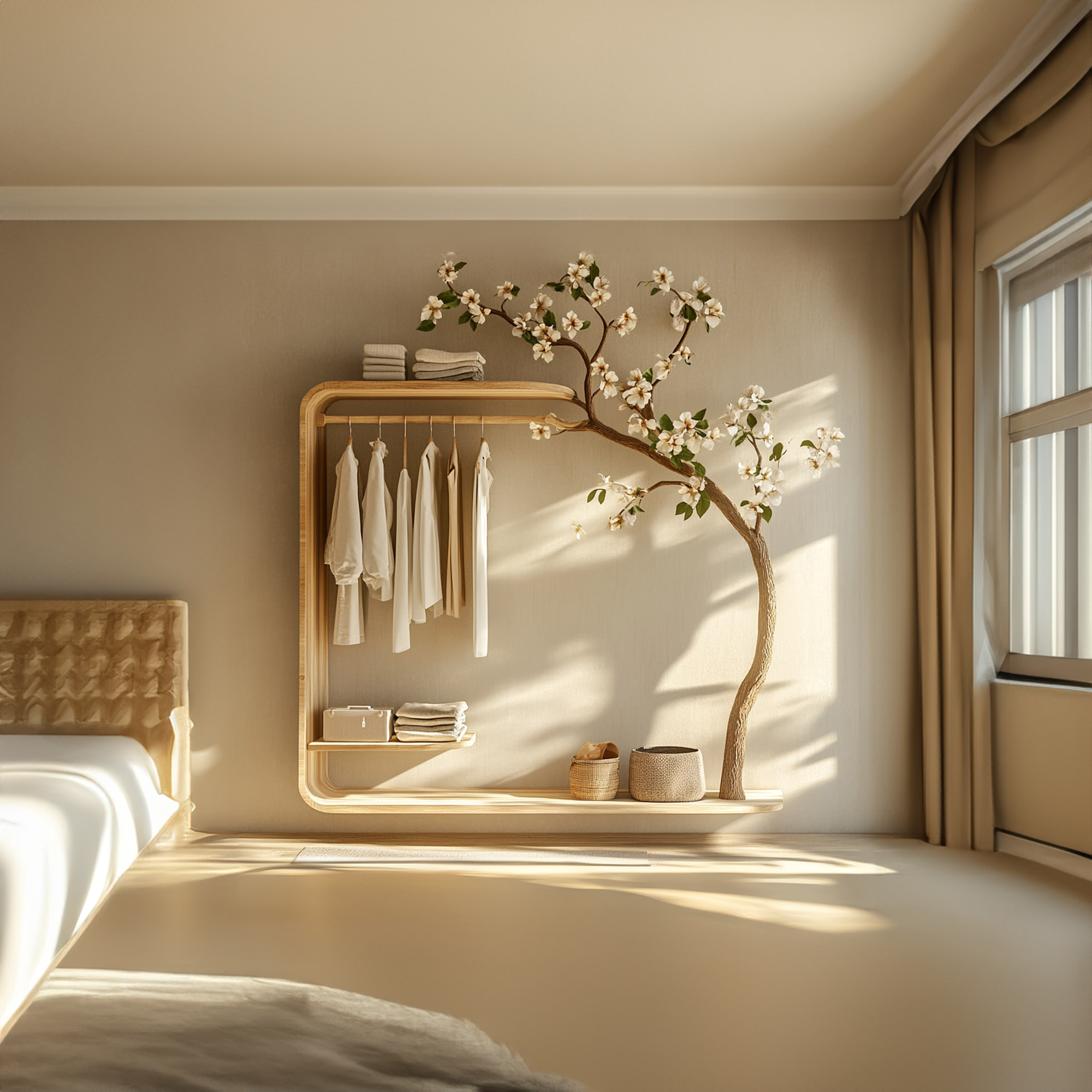 Minimalist Tree Wardrobe Handcrafted Solid Wood Bedroom Organizer SINLKITCR062