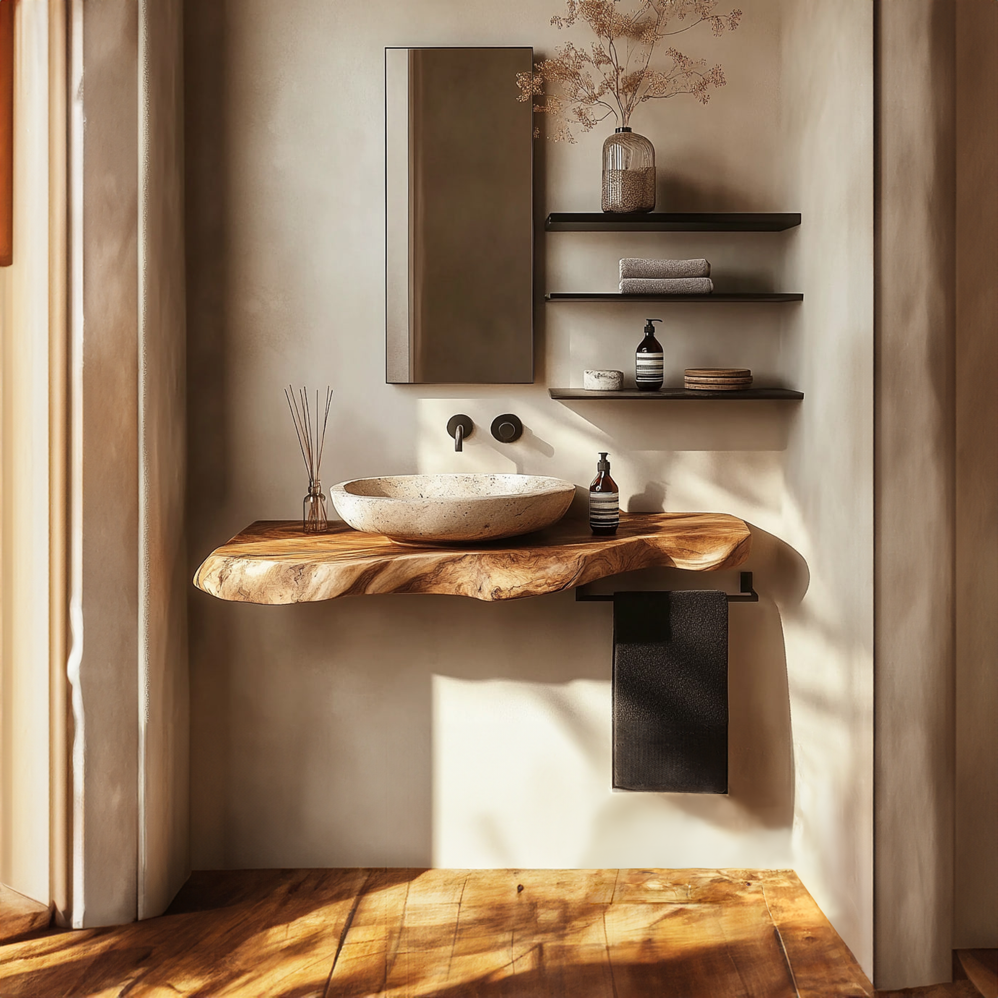 Rustic Bathroom Vanity Shelf Live Edge Wood Bathroom Decor SINLKIBRV212