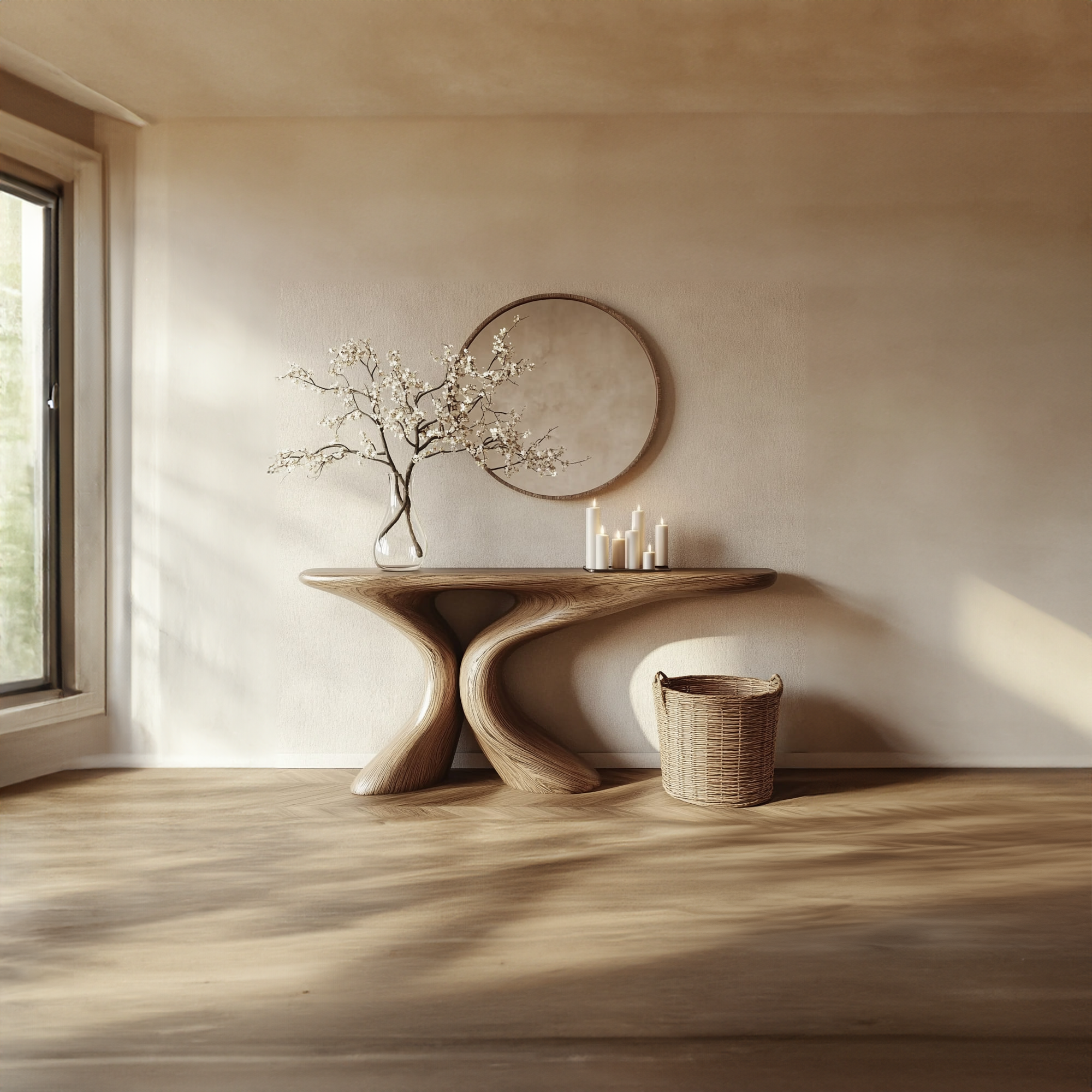 Rustic Entry Table Smooth Sculptural Form Luxury Welcome Area SINLKICS345