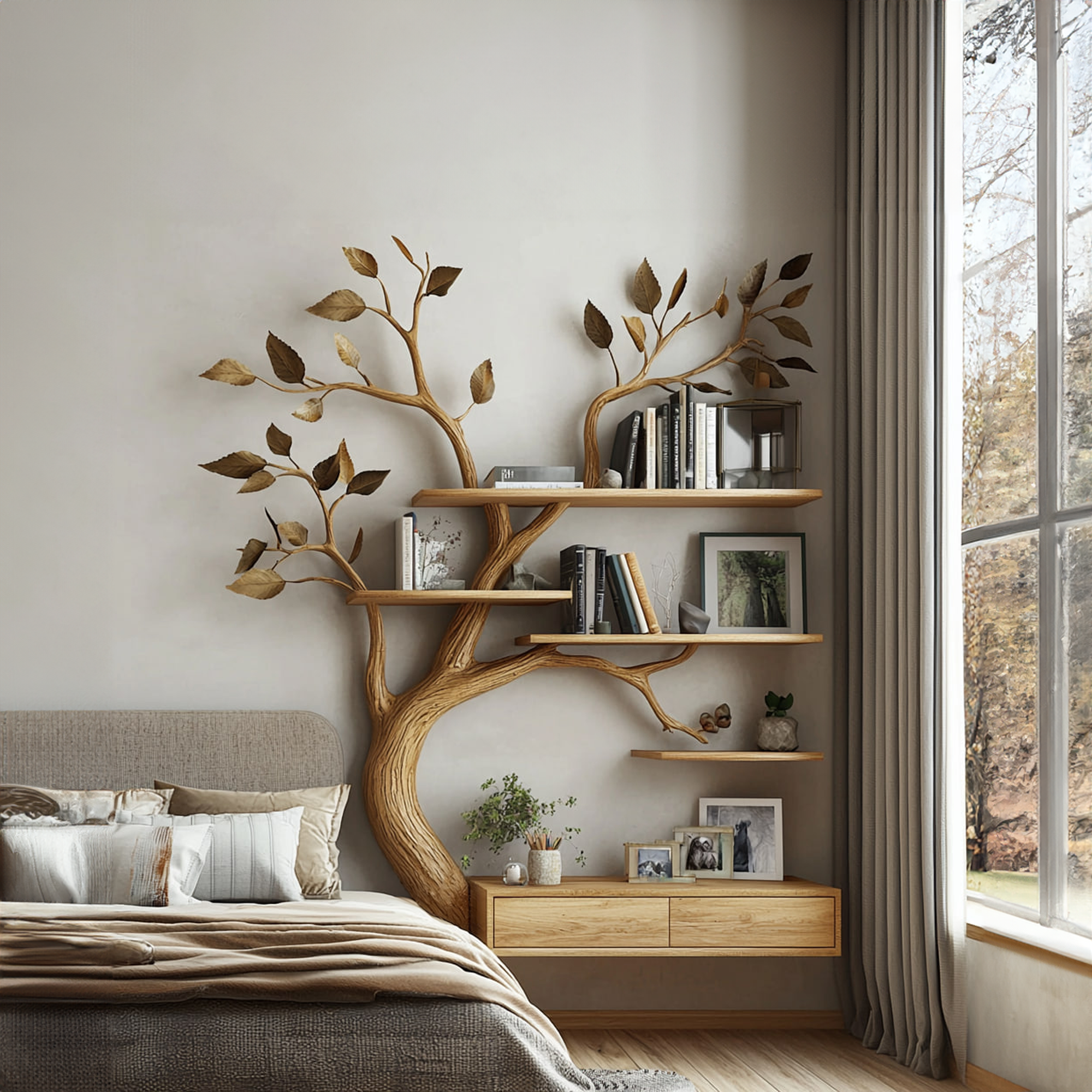 Rustic Tree Bookshelf Vanity With Cabinet Organic Bedroom Wall SINLKITBS072