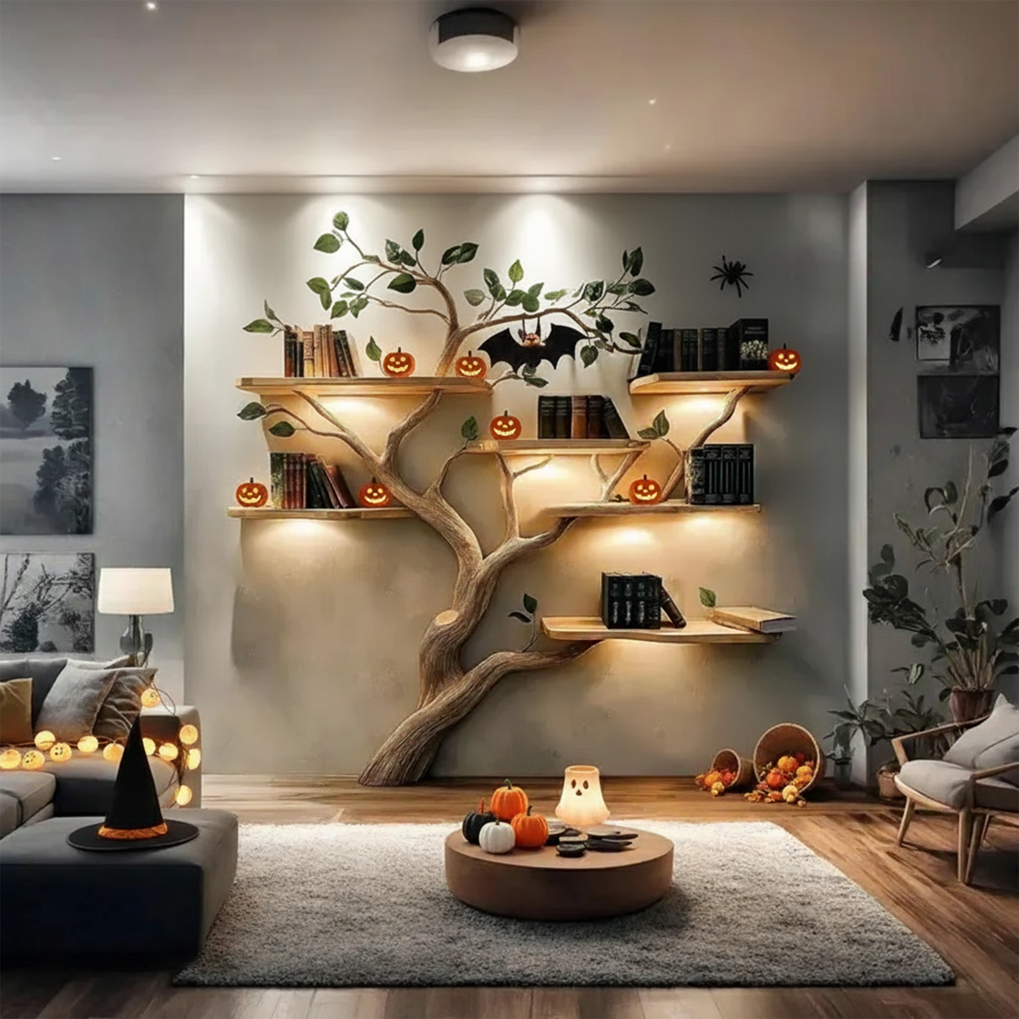 Rustic Handmade Halloween Wooden Tree Shelf Living Room Decor SINLKIHW047