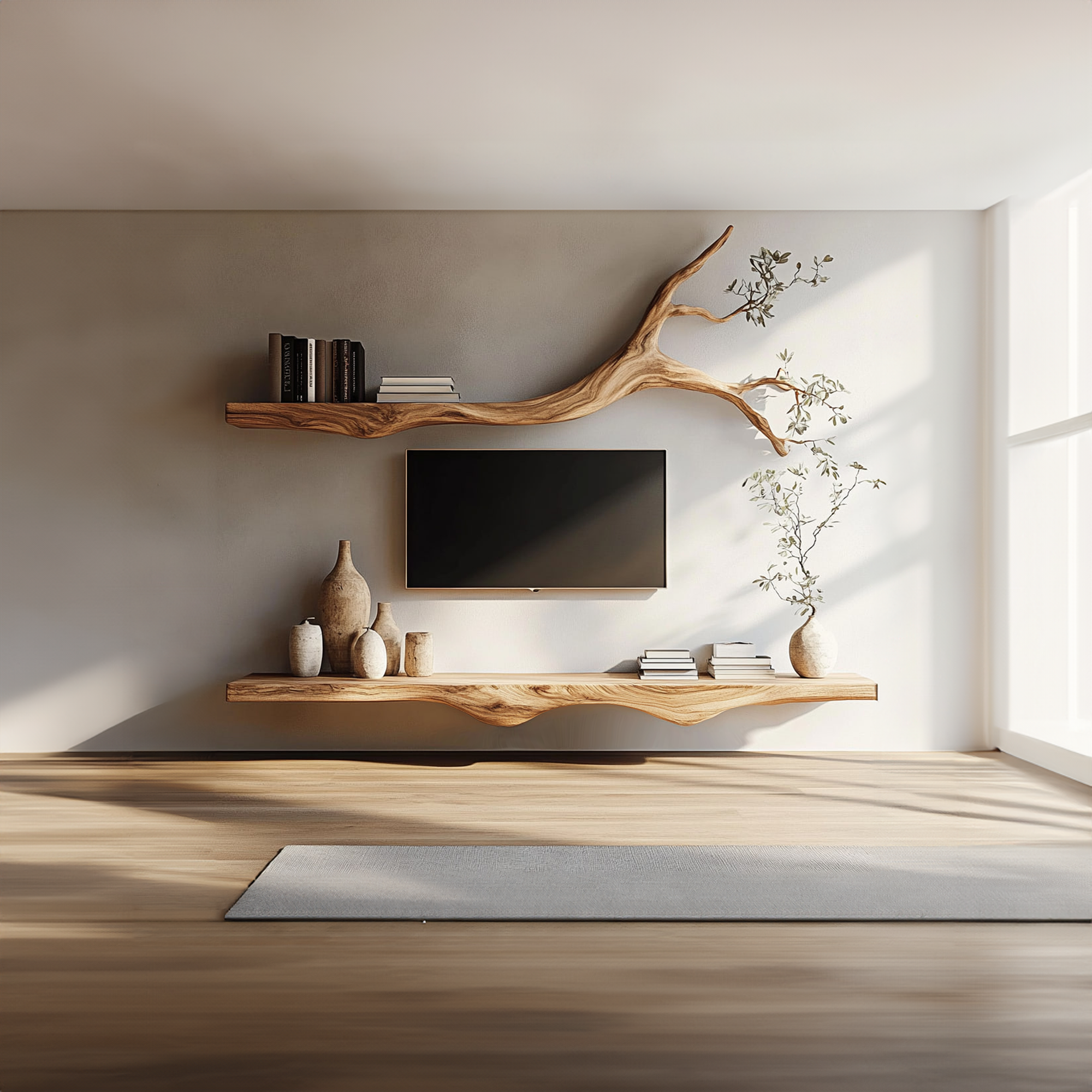Set 2 Pieces Rustic Floating Wall TV Console Solid Wood Bedroom Living SINLKIFL189