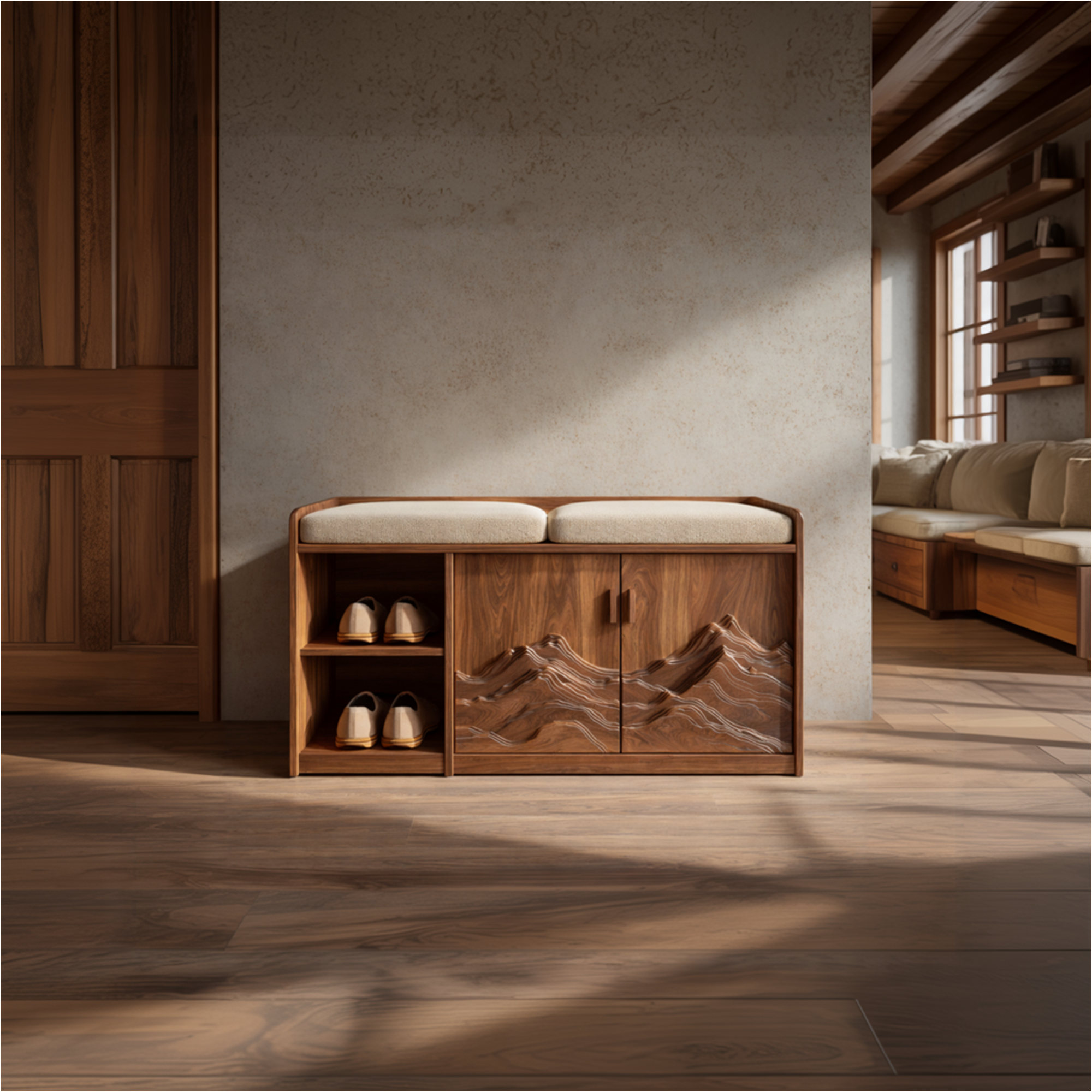 Rustic Sculptural Storage Bench For Entryway Or Sleeping Space SINLKISB087