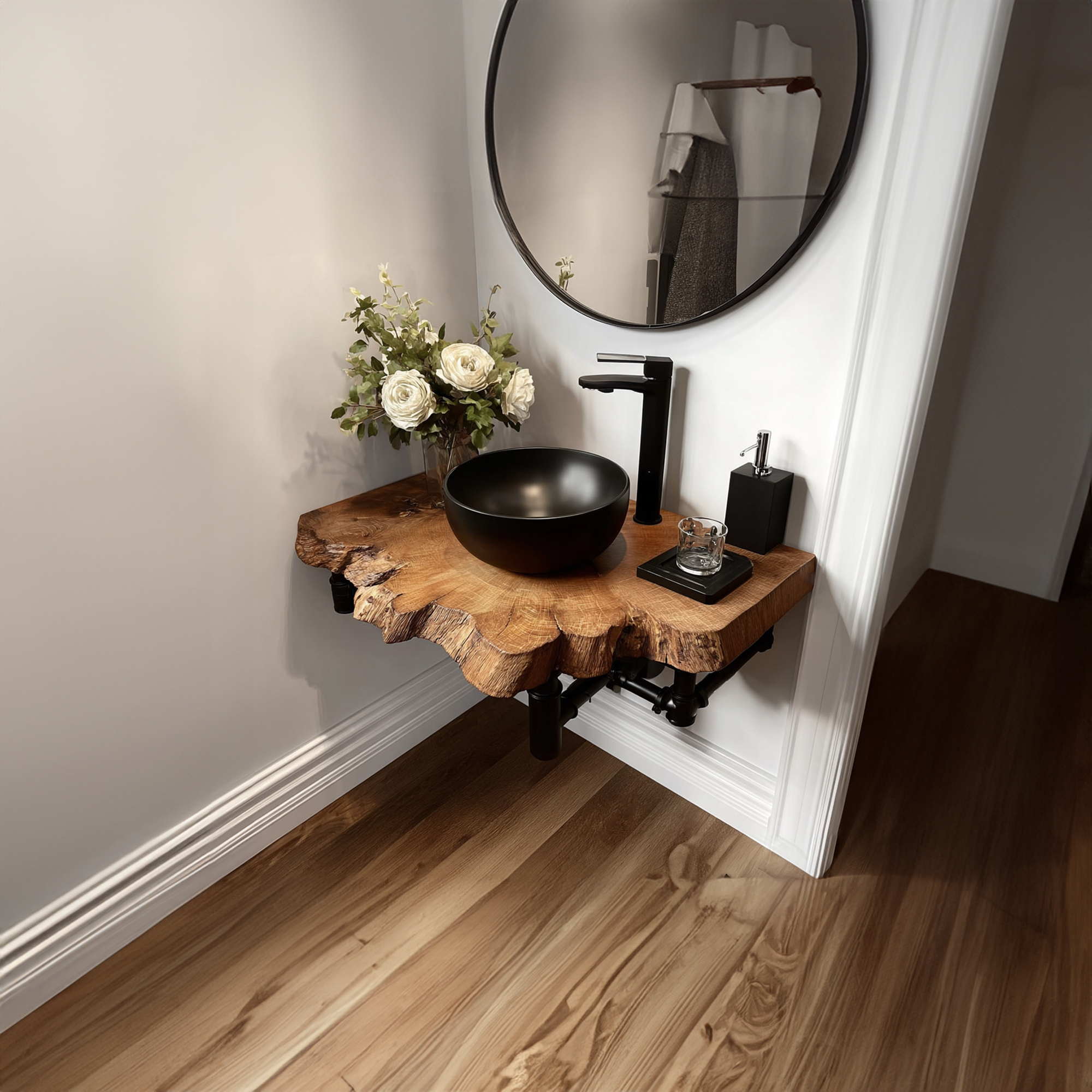 Midcentury Floating Shelf Narrow Powder Room SINLKIBRV150