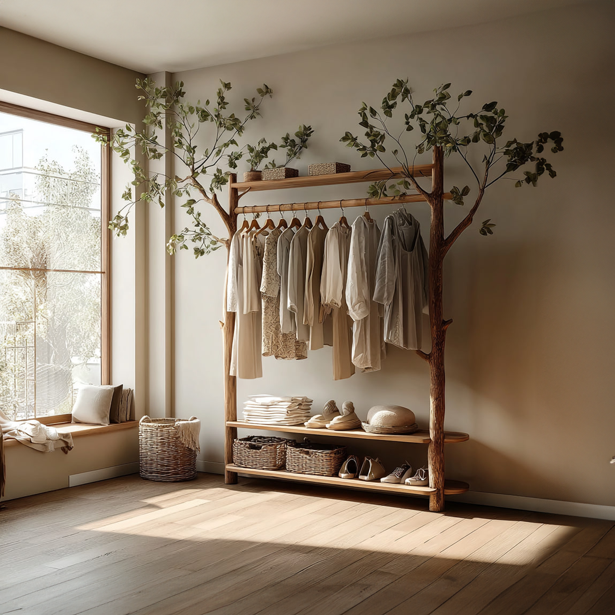 Rustic Tree Clothes Rack Solid Wood Bedroom Organizer SINLKITCR058