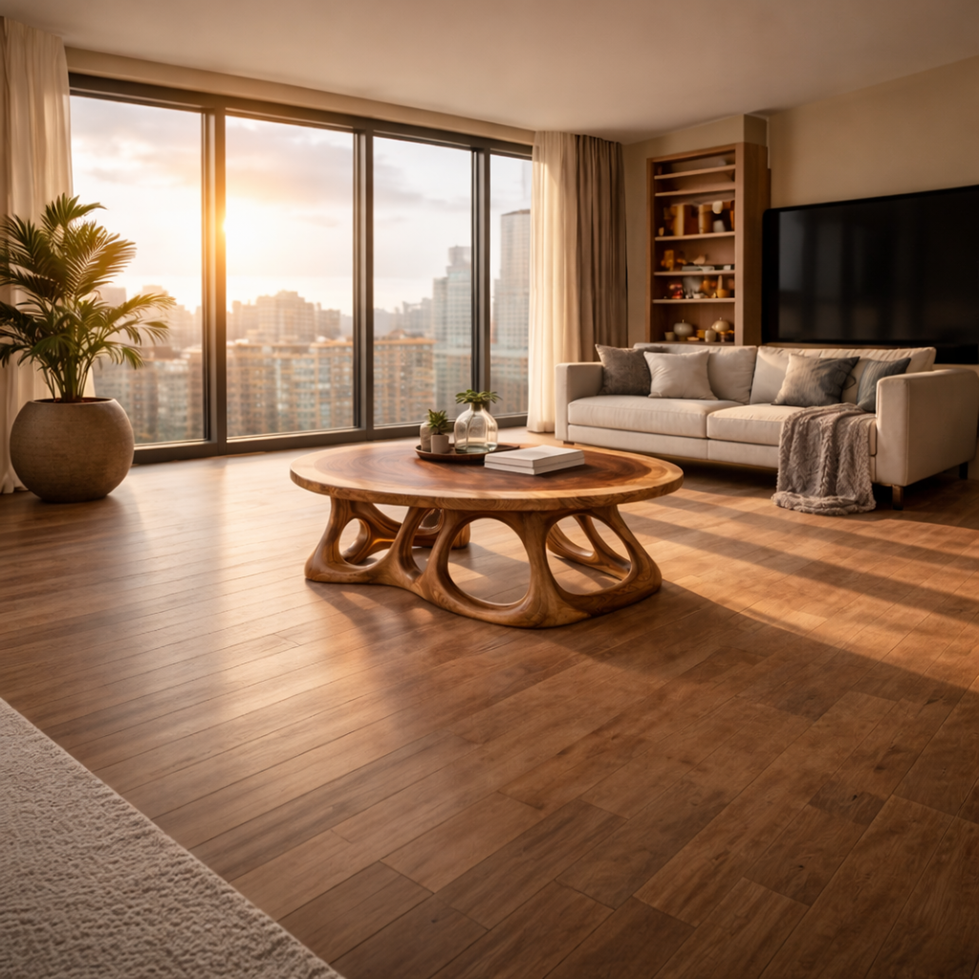 Round Sculpted Solid Wood Coffee Table Organic Balance Modern Living Room Interior SINLKICF307