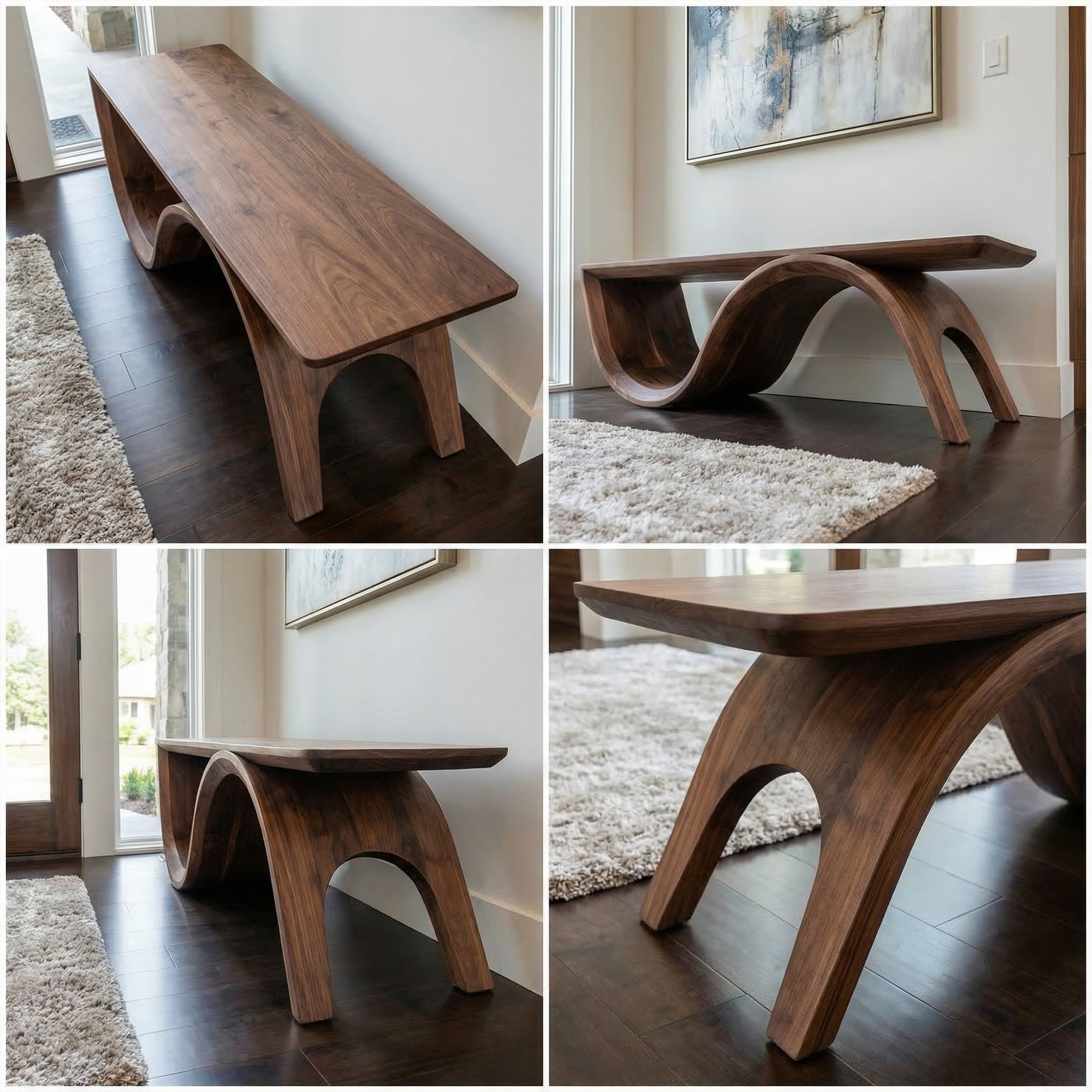 Mid Century Solid Wood Bench Sculptural Curved Base Entryway And Living Room SINLKIRS088