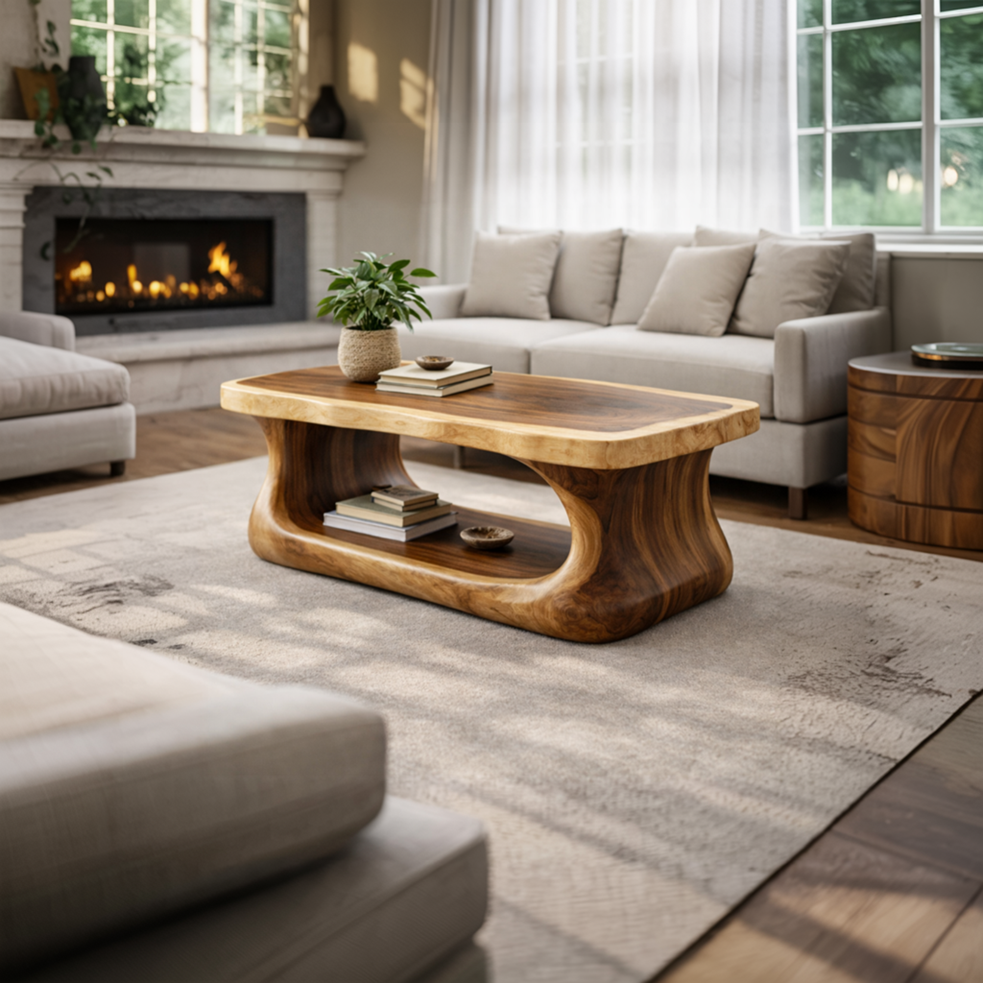 Flow Form Solid Wood Coffee Table Sculpted Base Contemporary Living Room Interior SINLKICF290