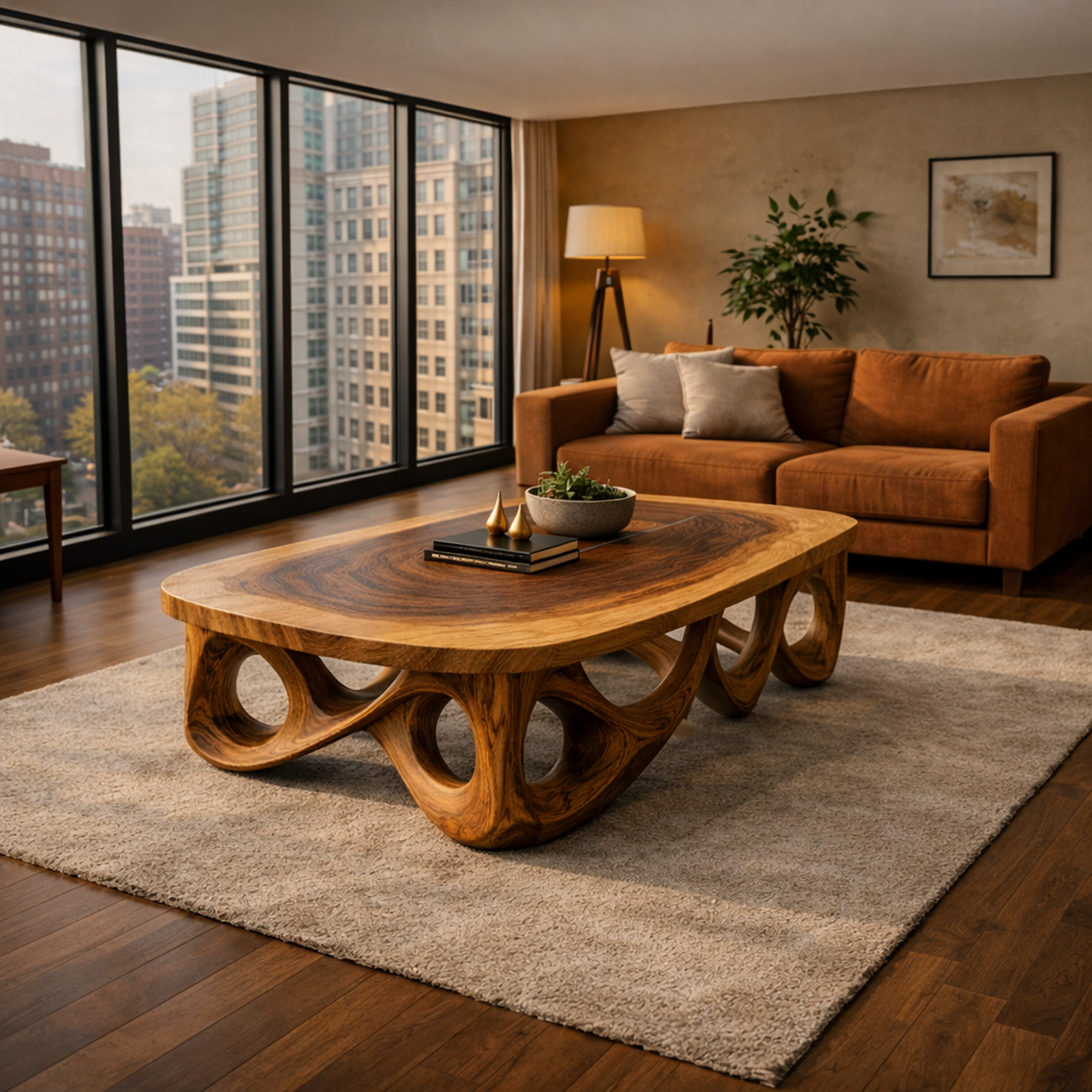 Urban Sculpted Solid Wood Coffee Table Flowing Arch Base Modern Living Room Interior SINLKICF301