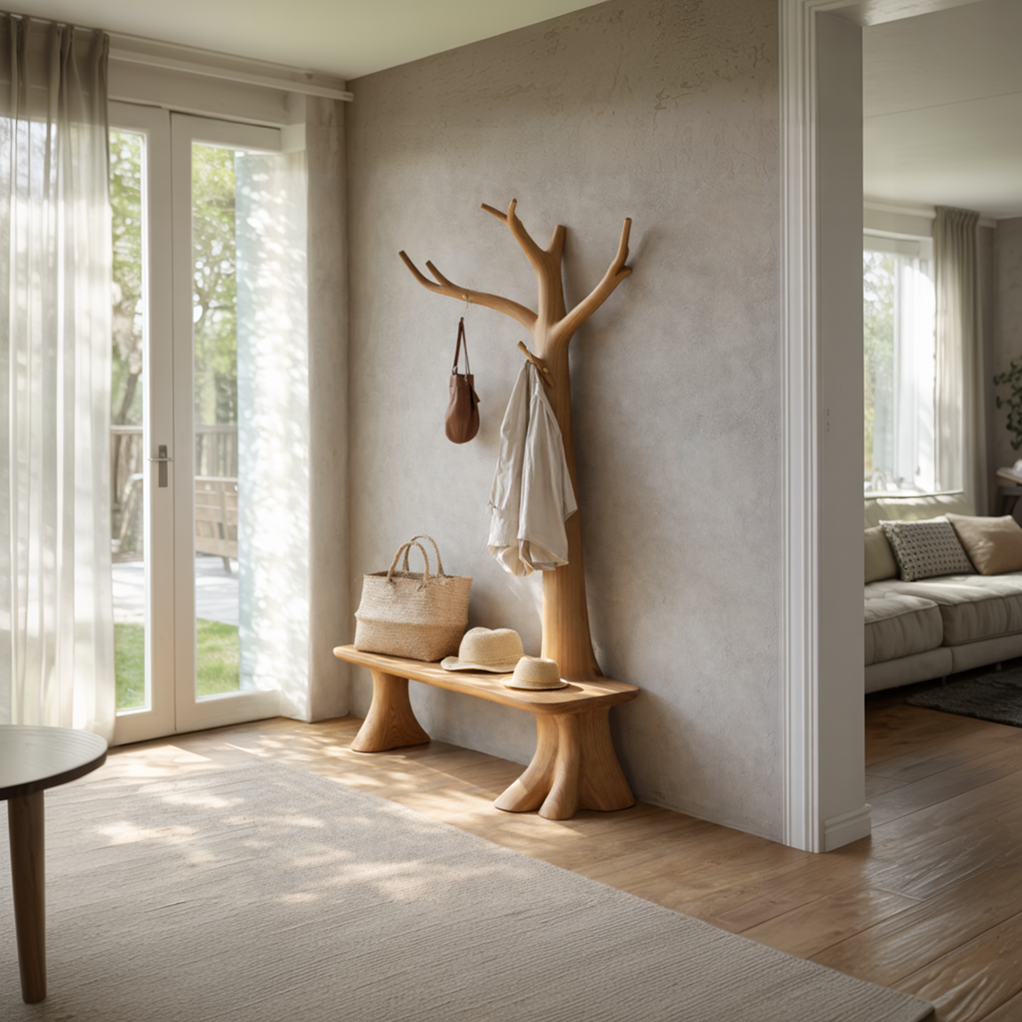 Handcrafted Tree Coat Rack With Bench Solid Wood Entryway Interior Functional Decor SINLKITCR093