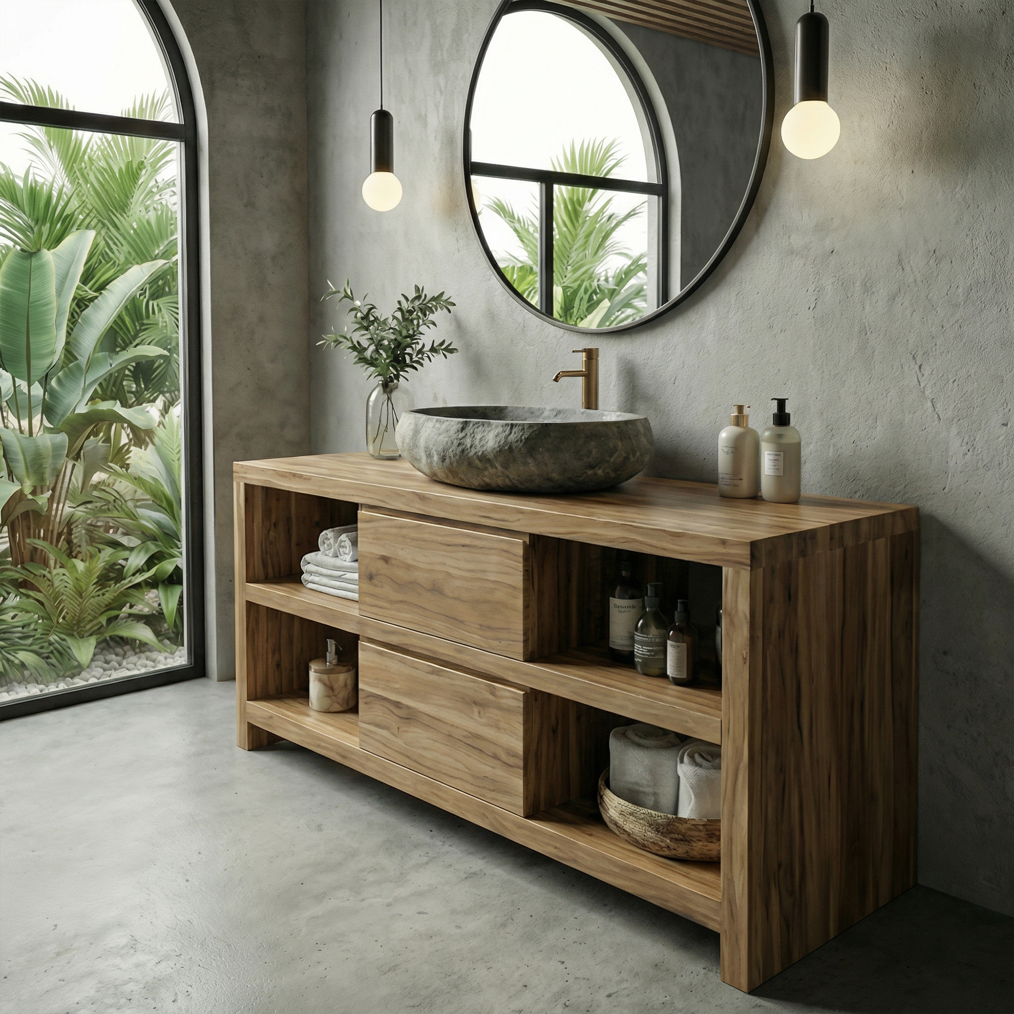 Modern Minimal Solid Wood Bathroom Vanity Open Shelf Storage Cabinet SINLKIBRV273
