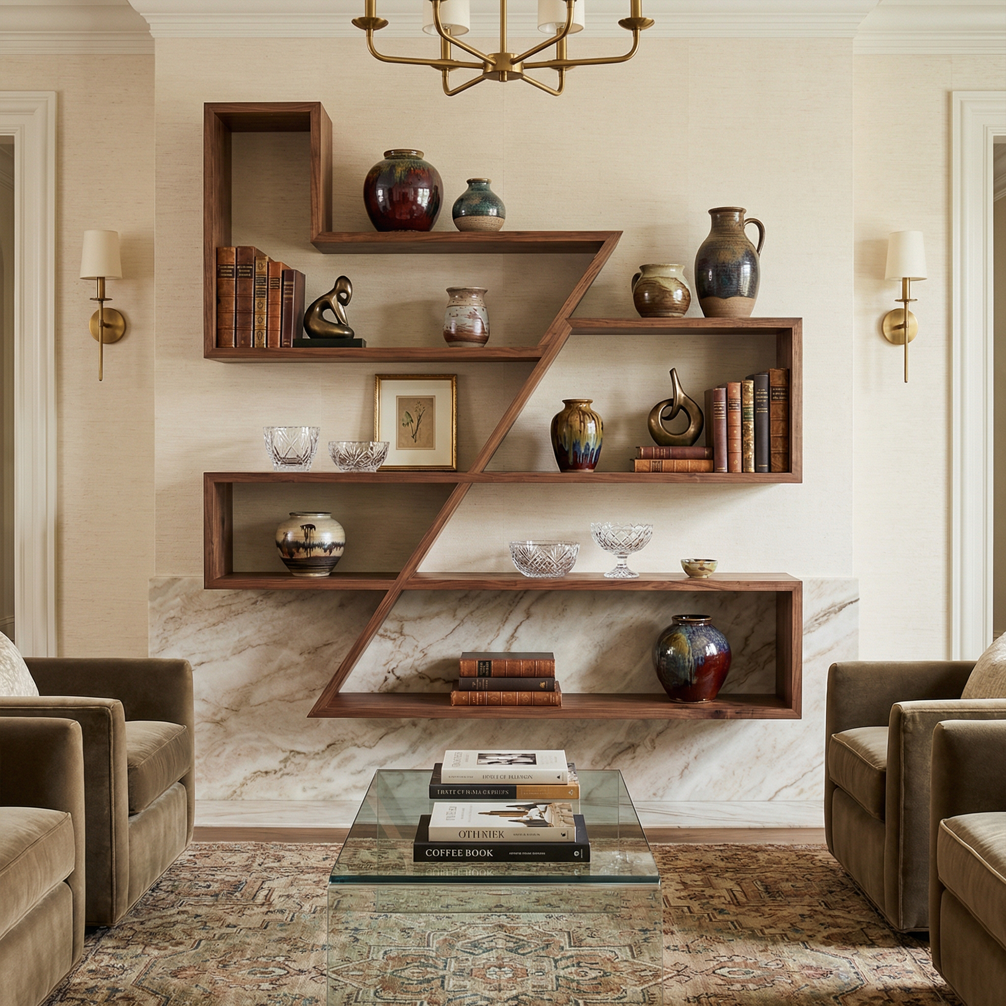 Modern Zigzag Floating Wall Shelf Solid Wood Artistic Storage SINLKIFL490