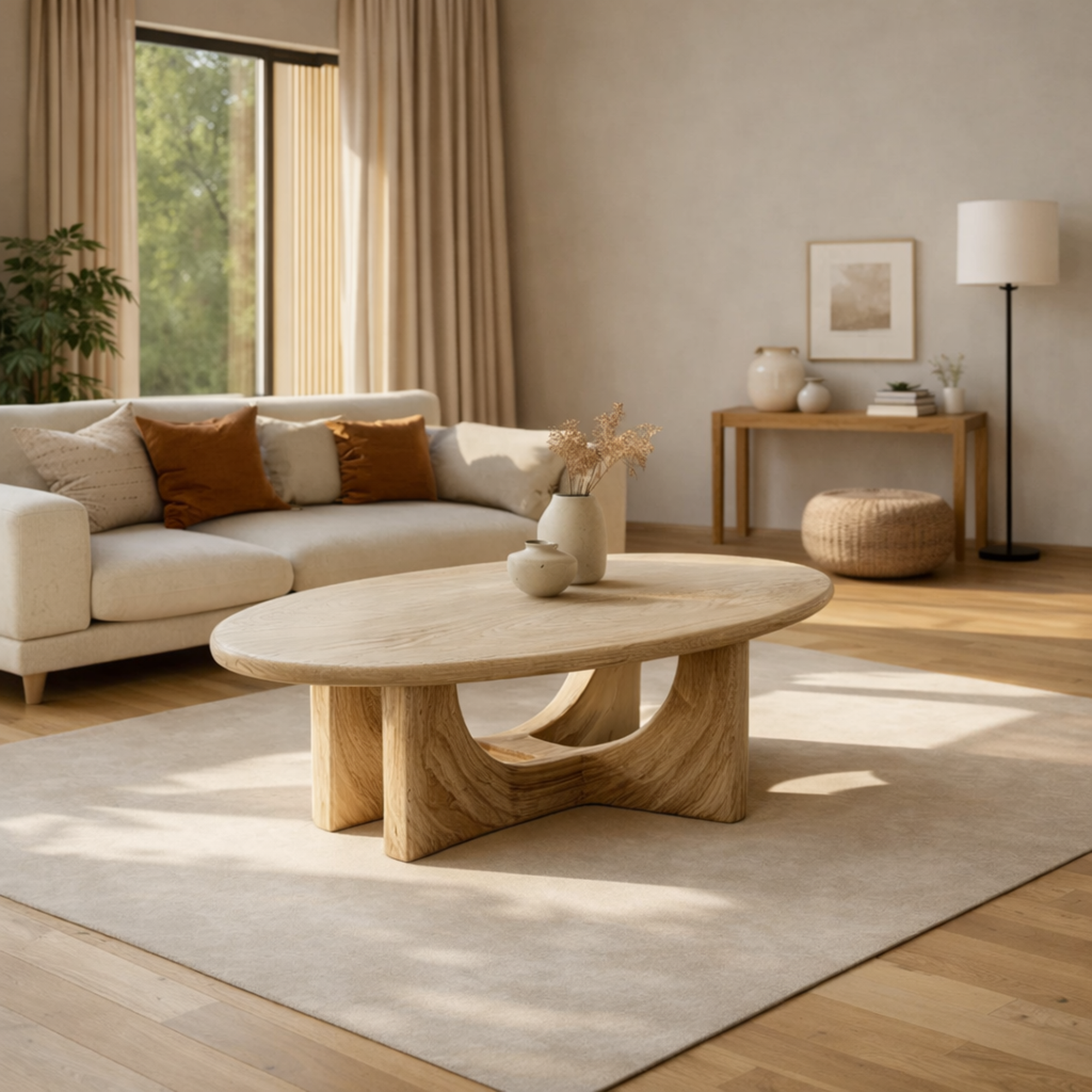 Serene Sculptural Solid Wood Coffee Table Flowing Base Natural Harmony Modern Living Room Interior SINLKICF299
