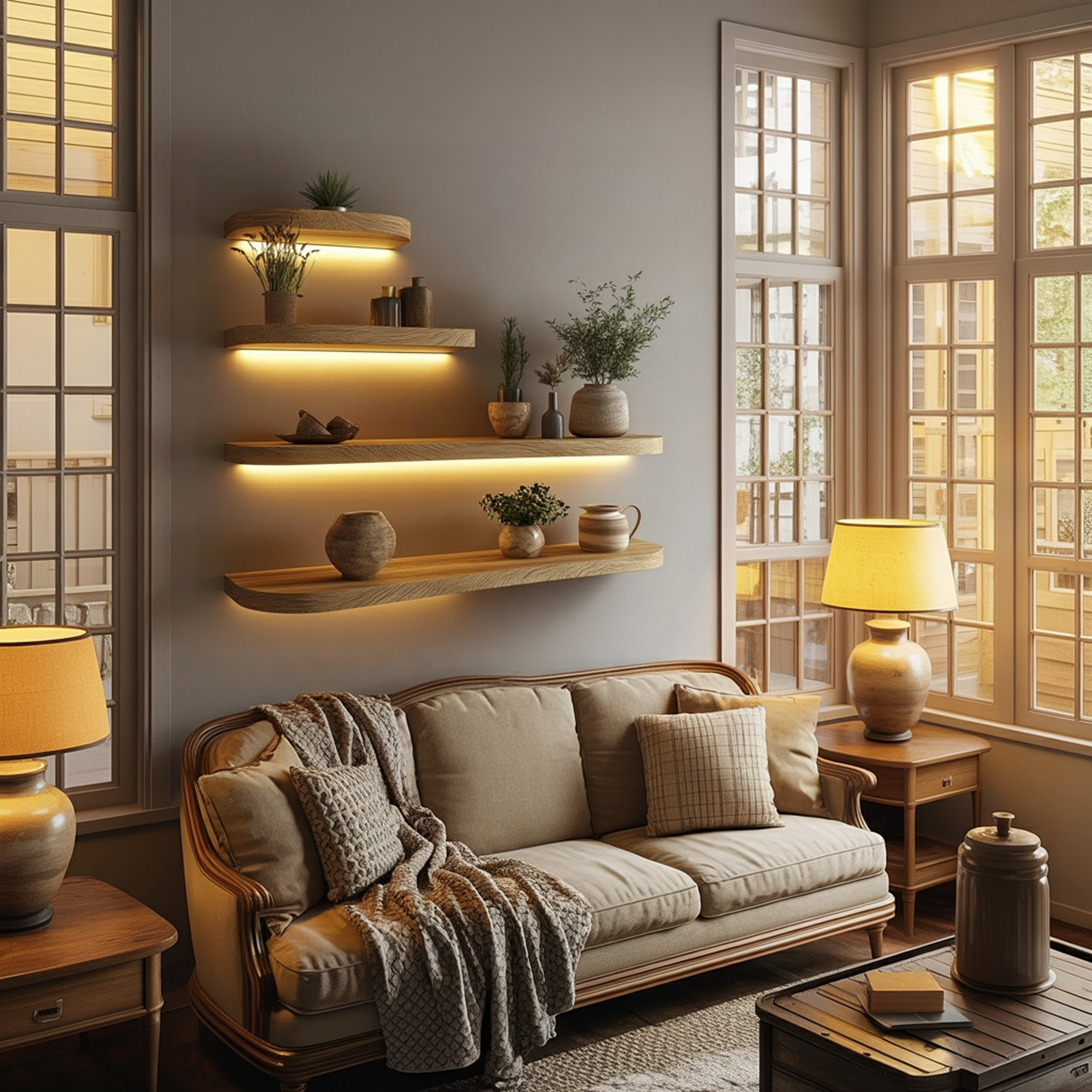 Warm Light Solid Wood Floating Shelves Modern Wall Display Interior SINLKIFL392