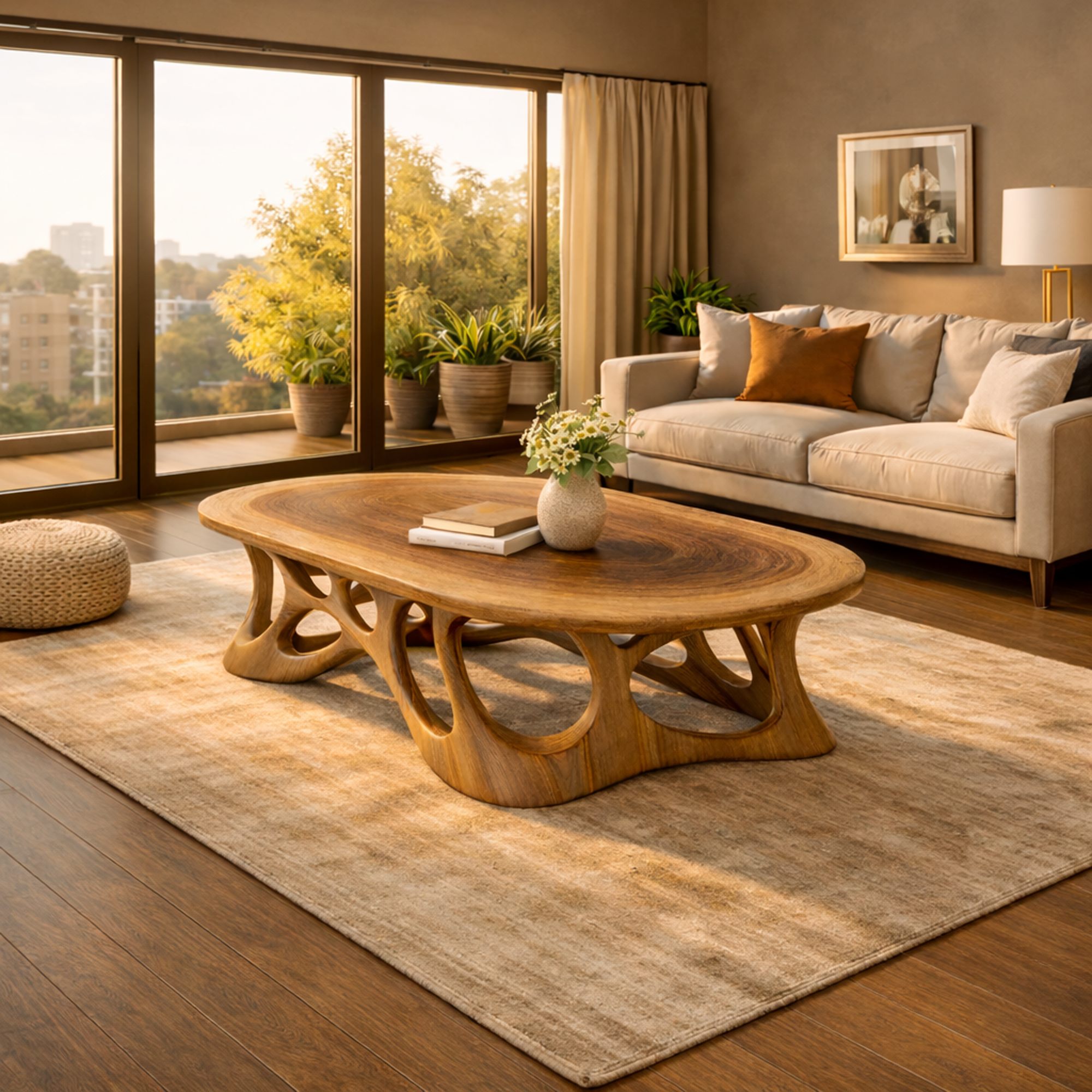 Sculpted Oval Solid Wood Coffee Table Organic Flow Modern Living Room Interior SINLKICF306