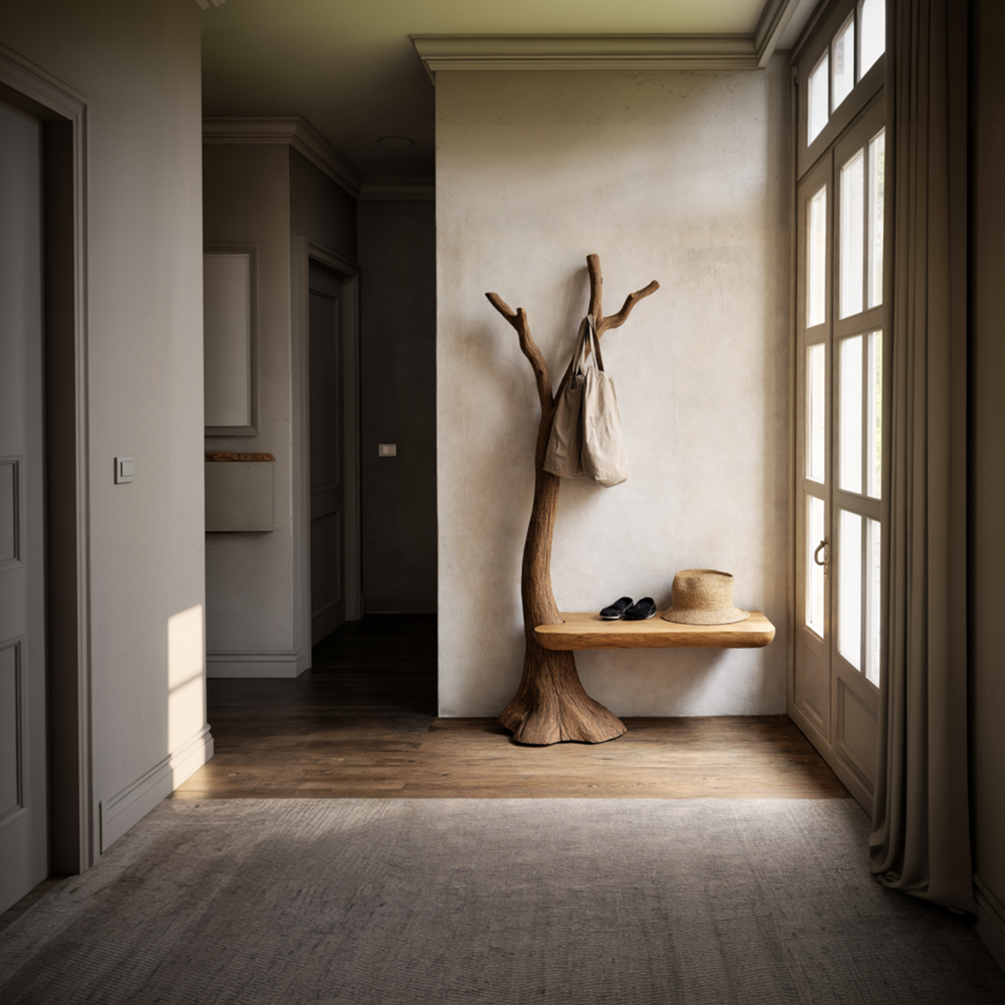 Sculptural Tree Coat Rack Bench Solid Wood Entryway Interior Minimal Storage SINLKITCR095