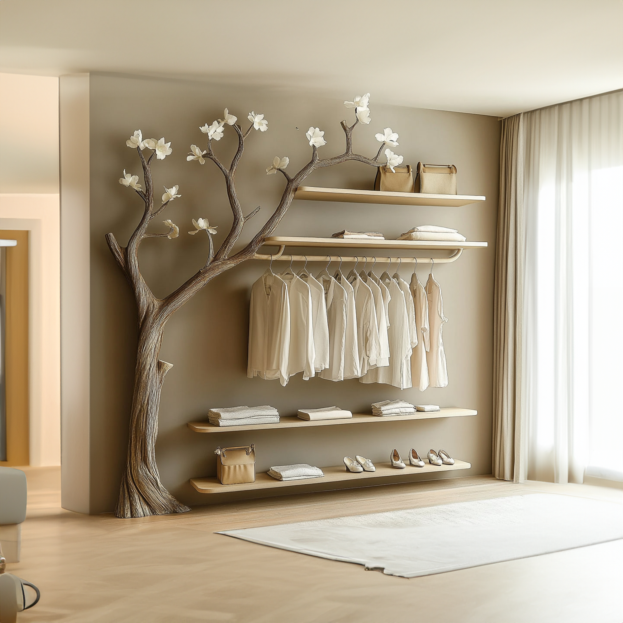 Rustic Organic Tree Wardrobe Shelf Blooming Living Room SINLKITB551