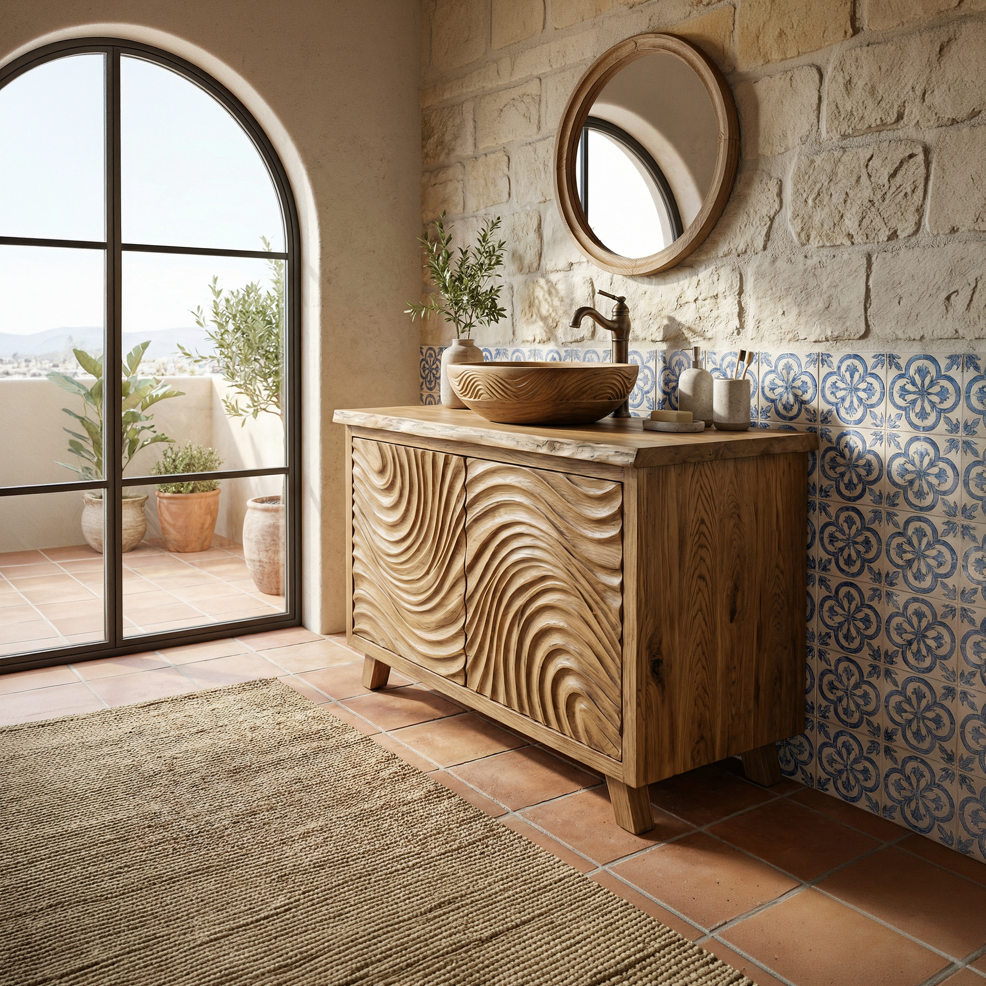 Modern Wave Carved Solid Wood Bathroom Vanity Freestanding Cabinet SINLKIBRV282