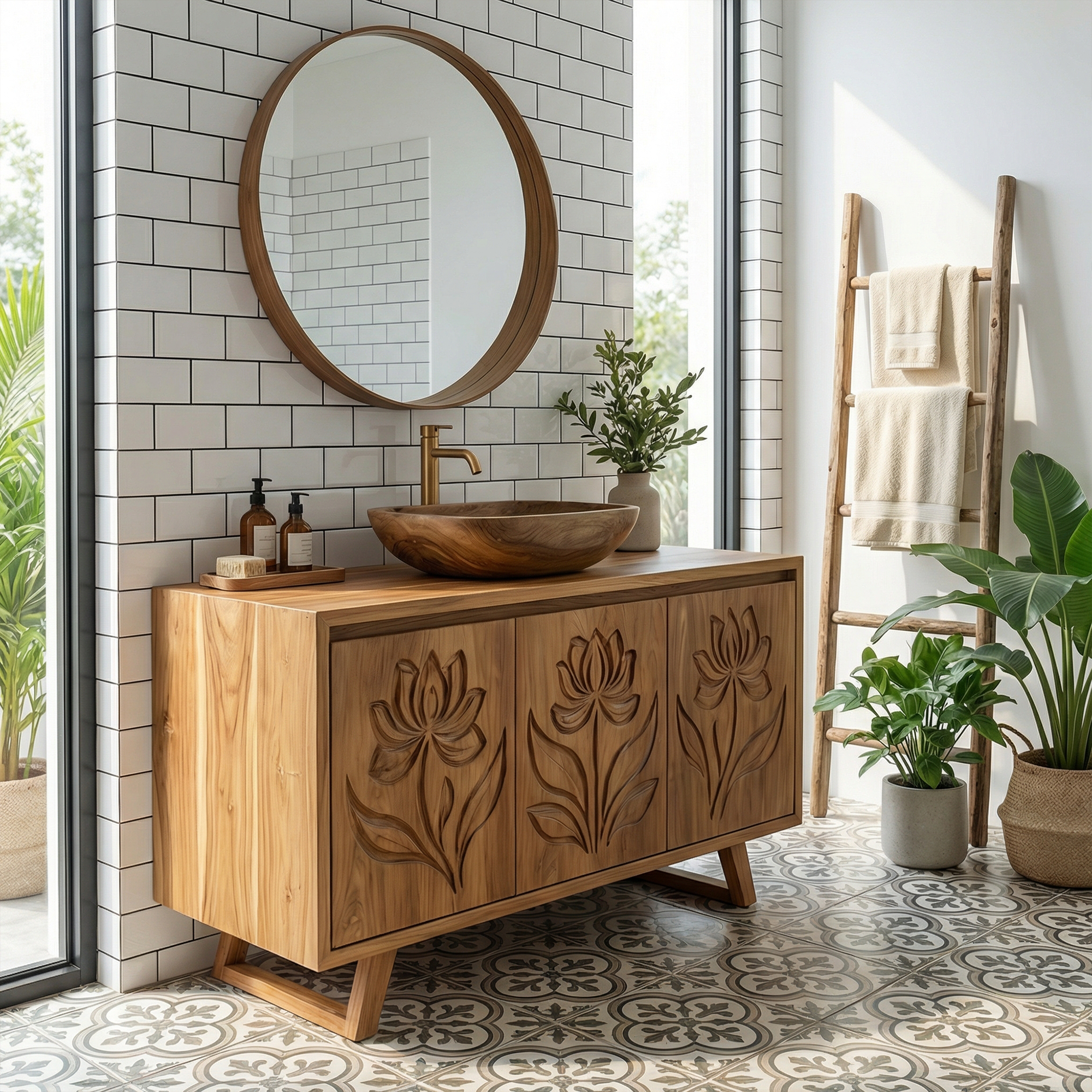 Tropical Floral Carved Solid Wood Bathroom Vanity Freestanding Cabinet SINLKIBRV283