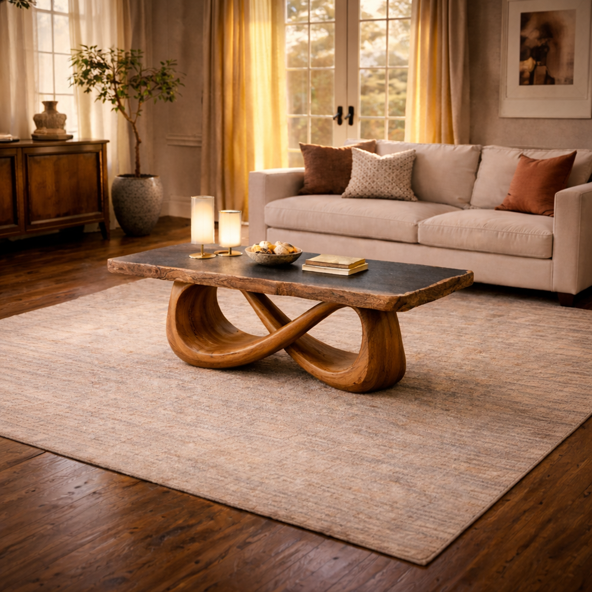 Sculptural Loop Solid Wood Coffee Table Warm Modern Living Room Interior SINLKICF308