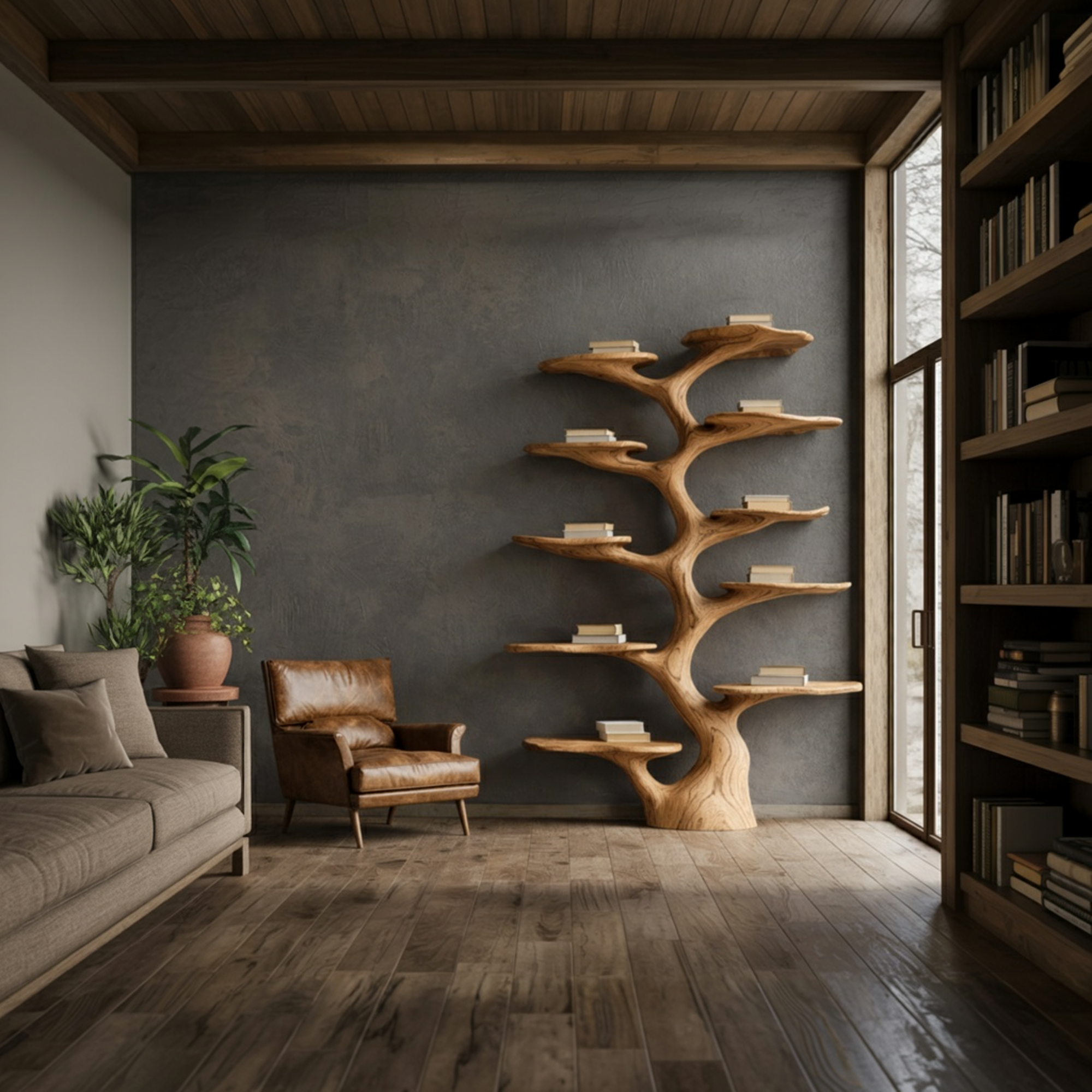 Rustic Sculptural Tree Bookshelf Living Room Interior Vertical Wall Display SINLKITB667